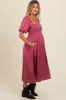 Mauve Satin Pleated Bodice Puff Sleeve Maternity Midi Dress sold by Pinkblush
