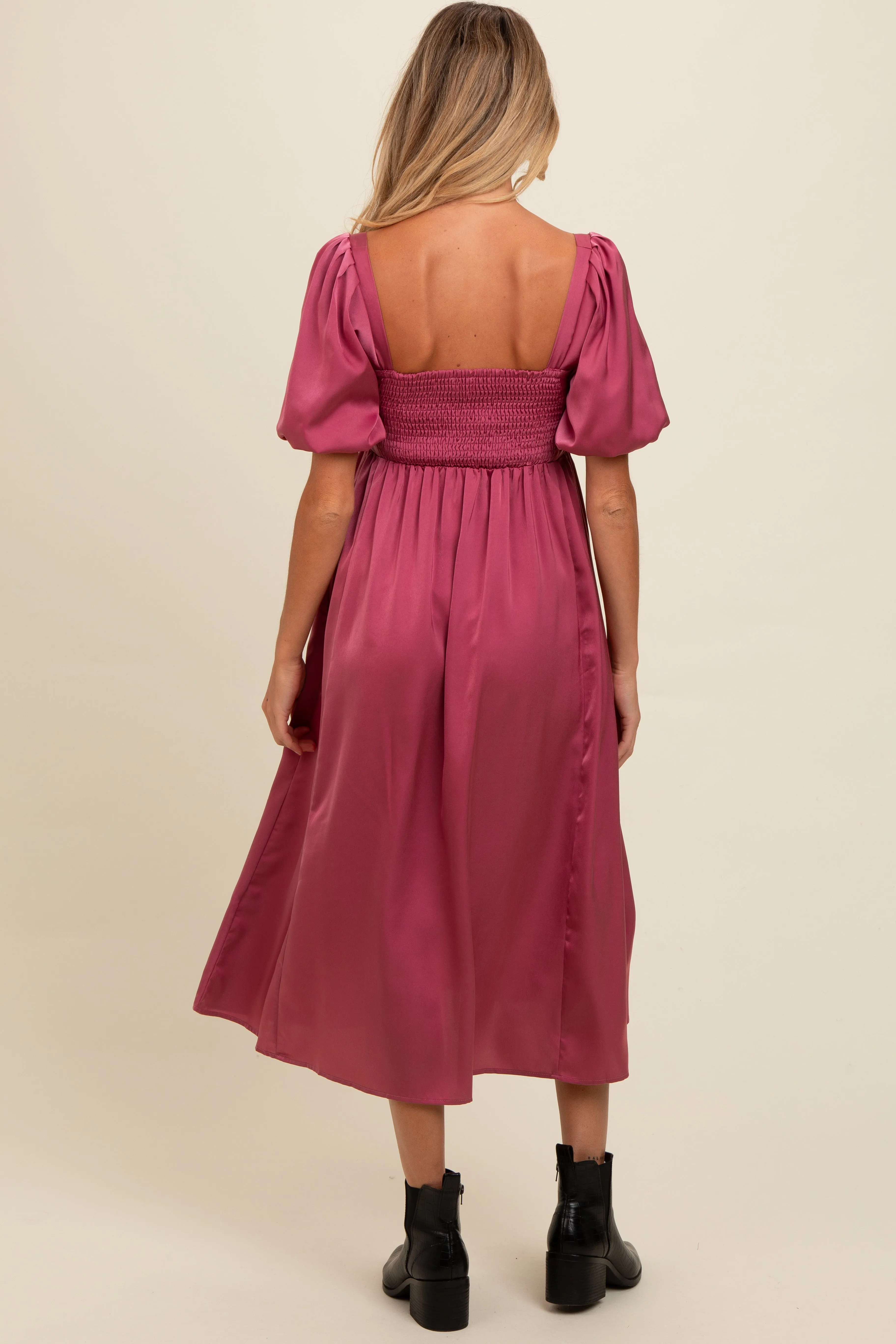 Mauve Satin Pleated Bodice Puff Sleeve Maternity Midi Dress sold by Pinkblush product image thumbnail 4