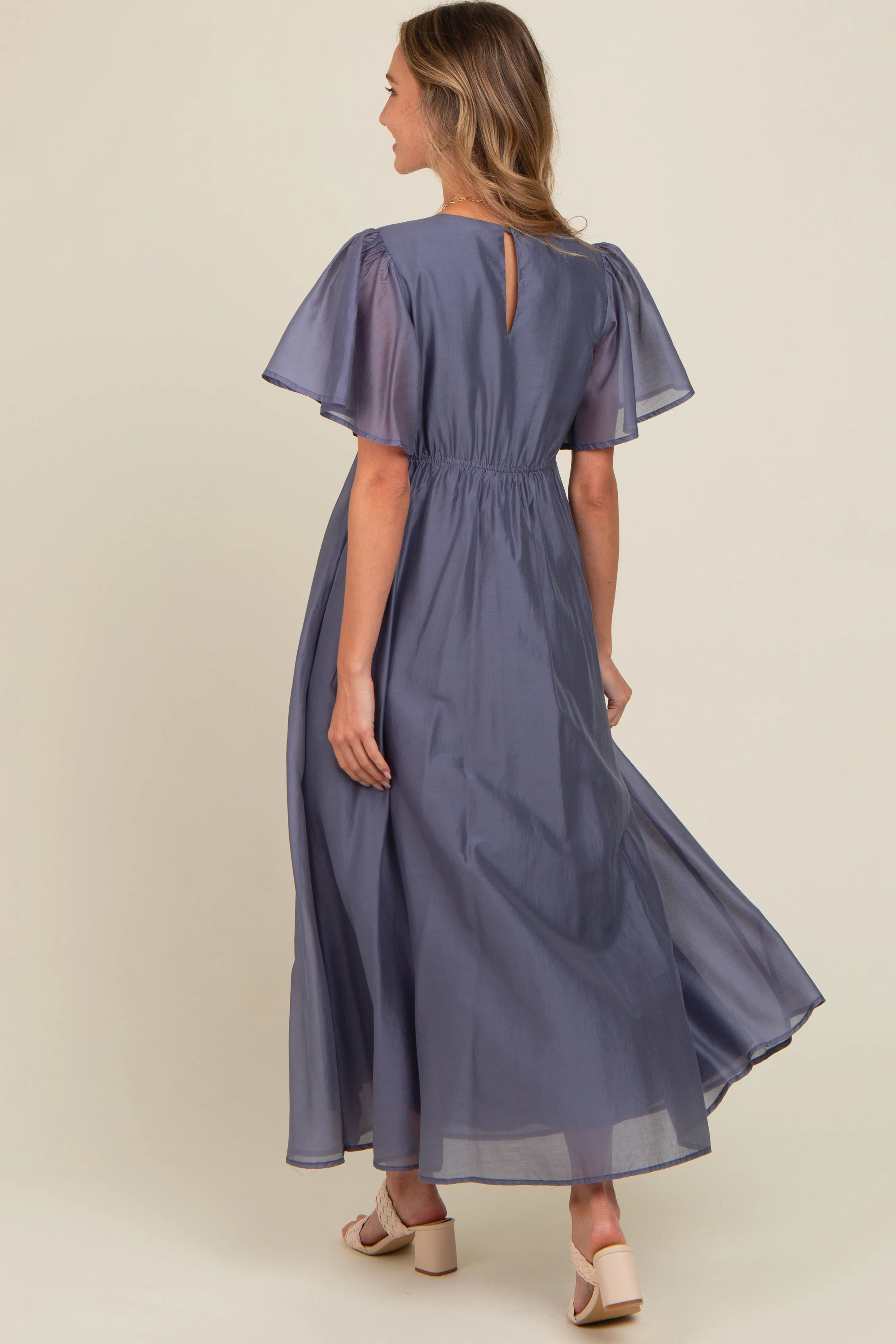 Blue V-Neck Flutter Sleeve Maxi Dress sold by Pinkblush product image thumbnail 4