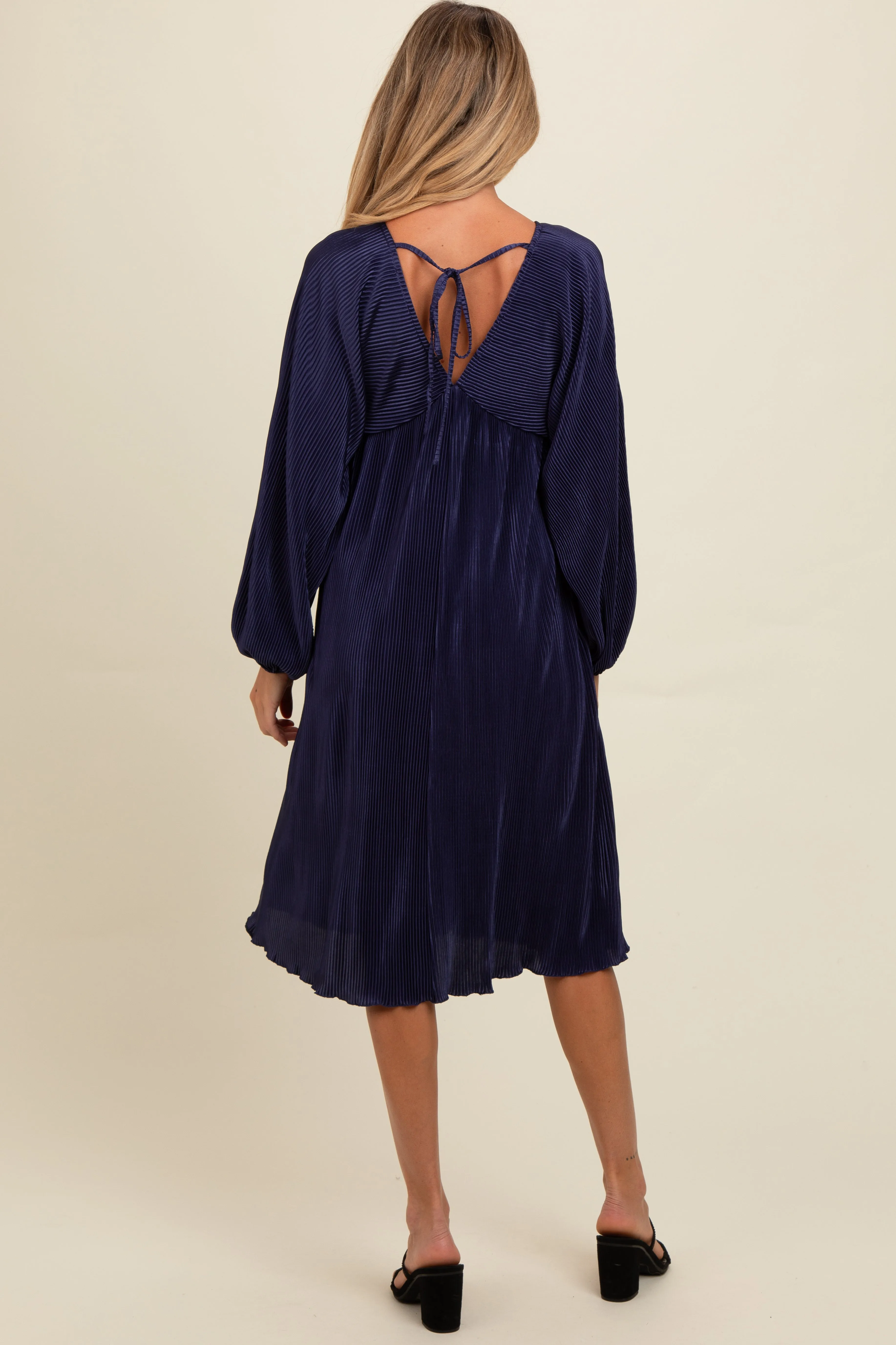 Navy Pleated Deep V-Neck Maternity Midi Dress sold by Pinkblush product image thumbnail 3