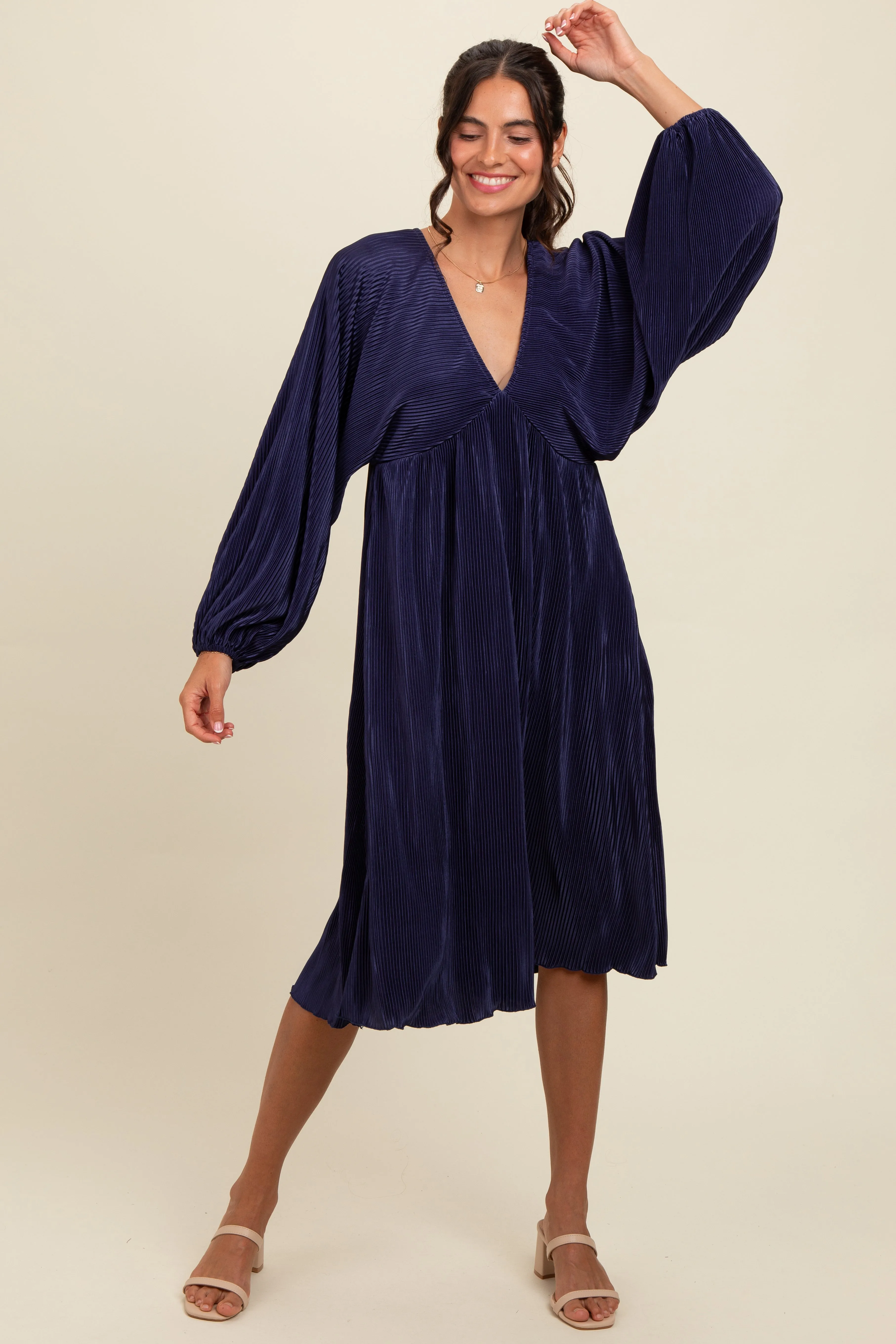 Navy Pleated Deep V-Neck Maternity Midi Dress sold by Pinkblush product image thumbnail 4