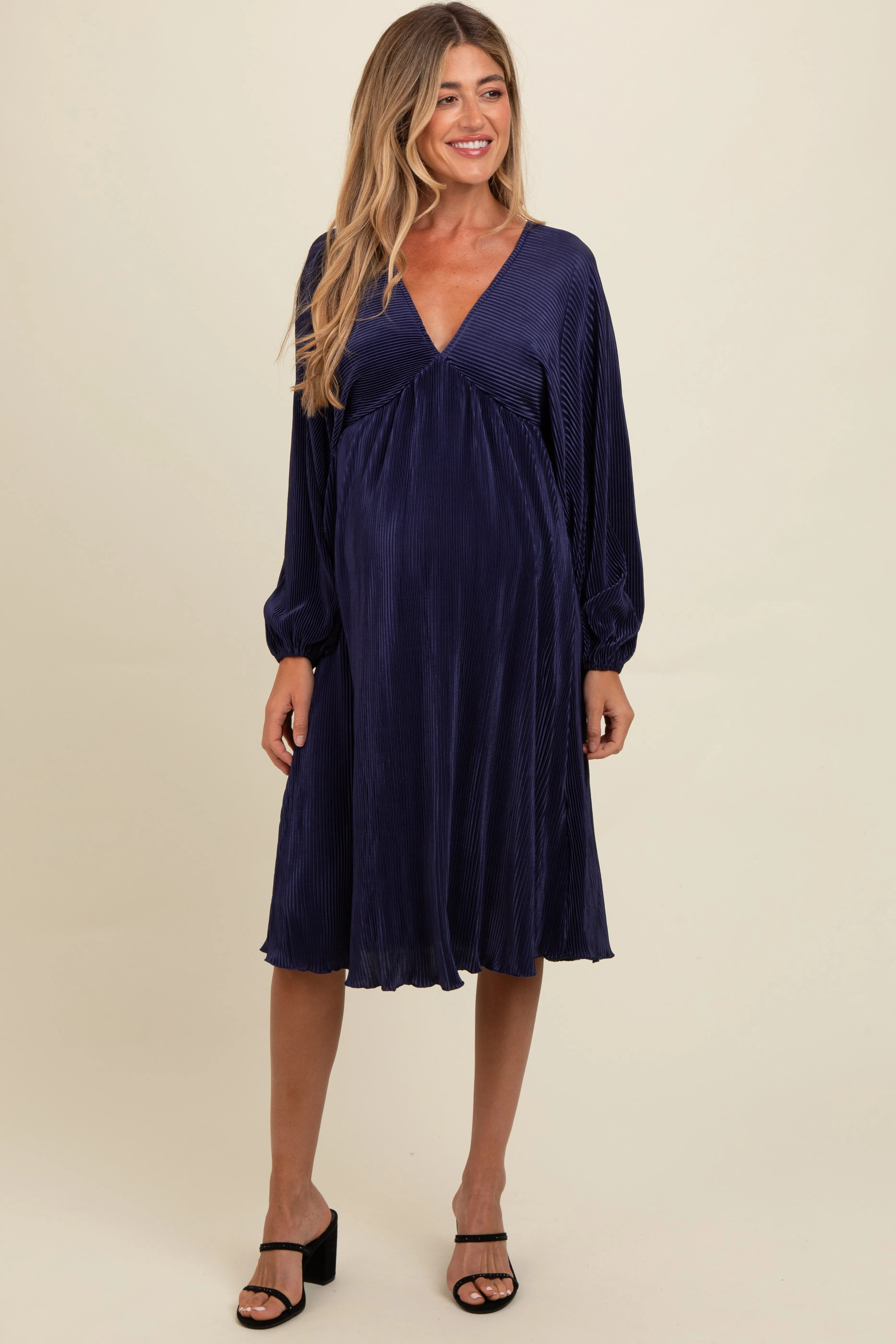 Navy Pleated Deep V-Neck Maternity Midi Dress sold by Pinkblush