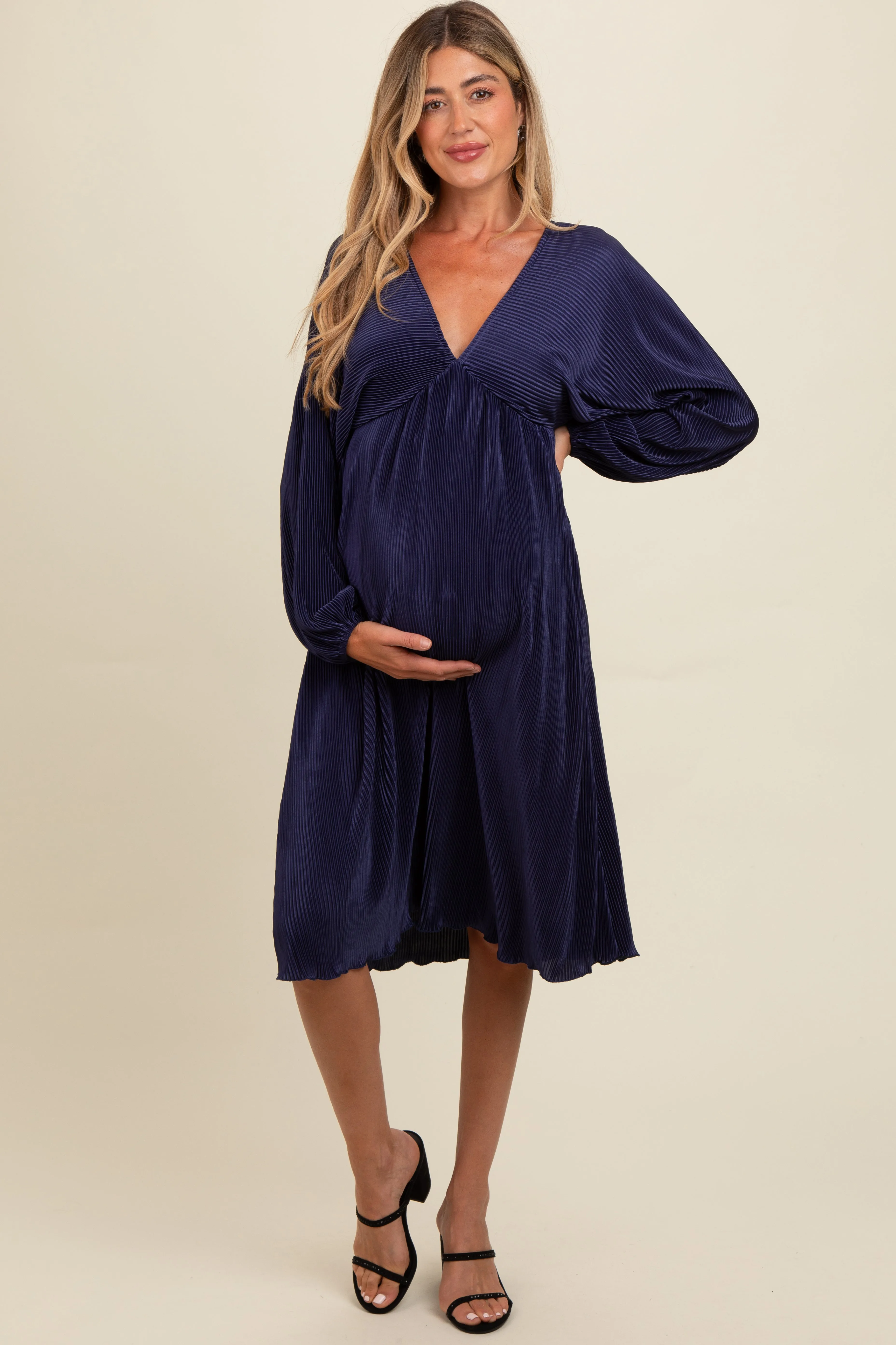 Navy Pleated Deep V-Neck Maternity Midi Dress sold by Pinkblush product image thumbnail 2