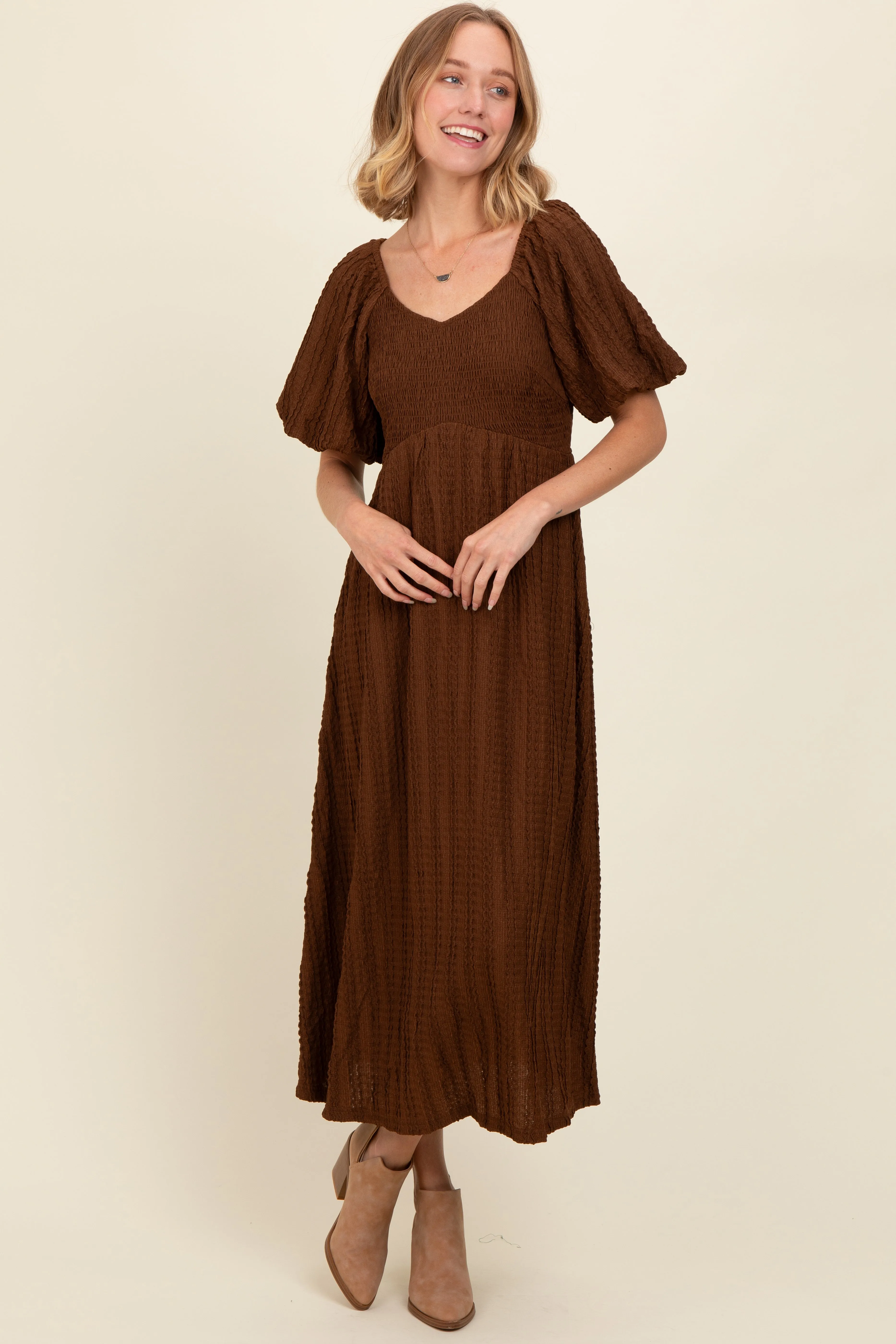 Brown Smocked V-Neck Short Puff Sleeve Textured Midi Dress sold by Pinkblush product image thumbnail 3