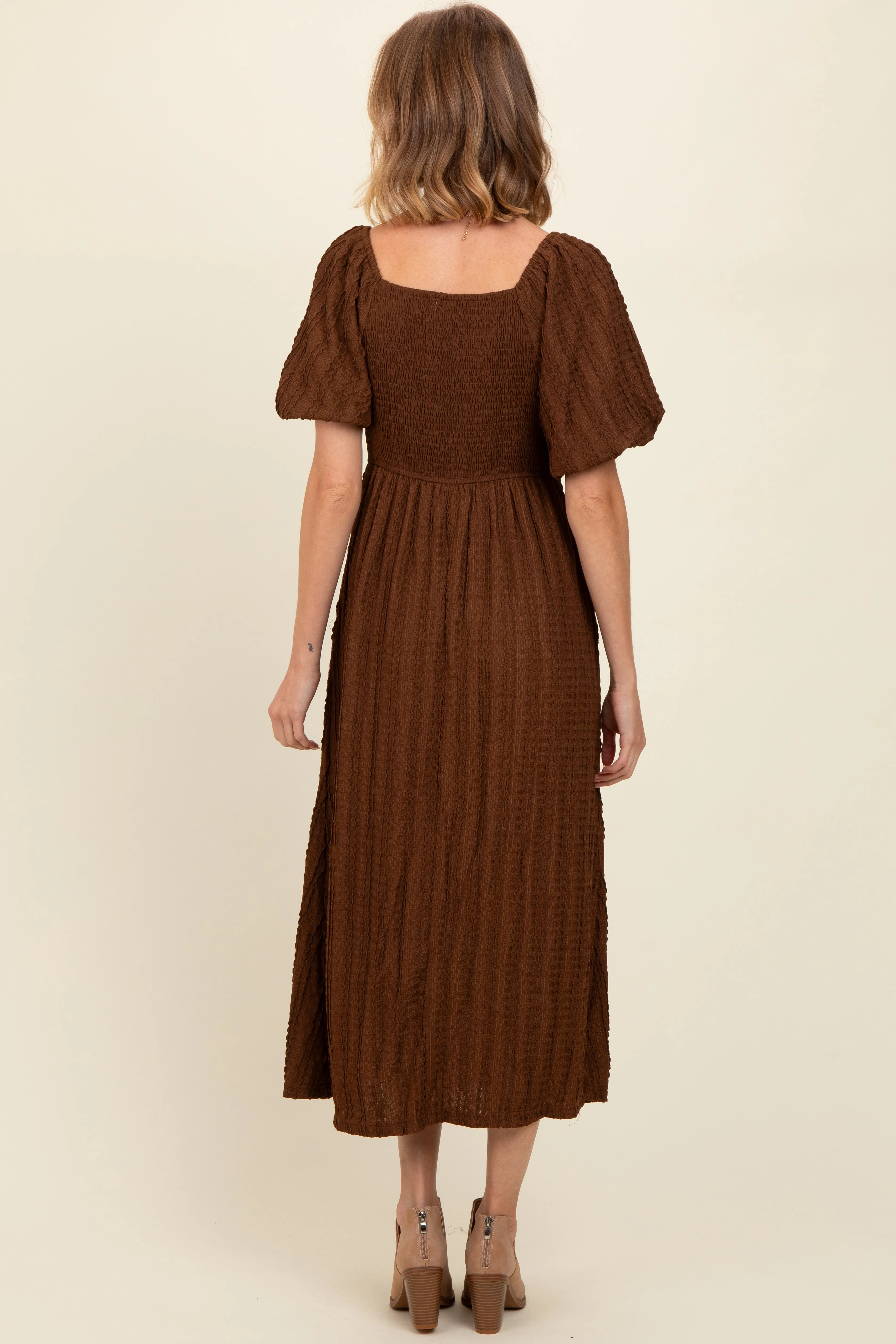 Brown Smocked V-Neck Short Puff Sleeve Textured Midi Dress sold by Pinkblush product image thumbnail 4