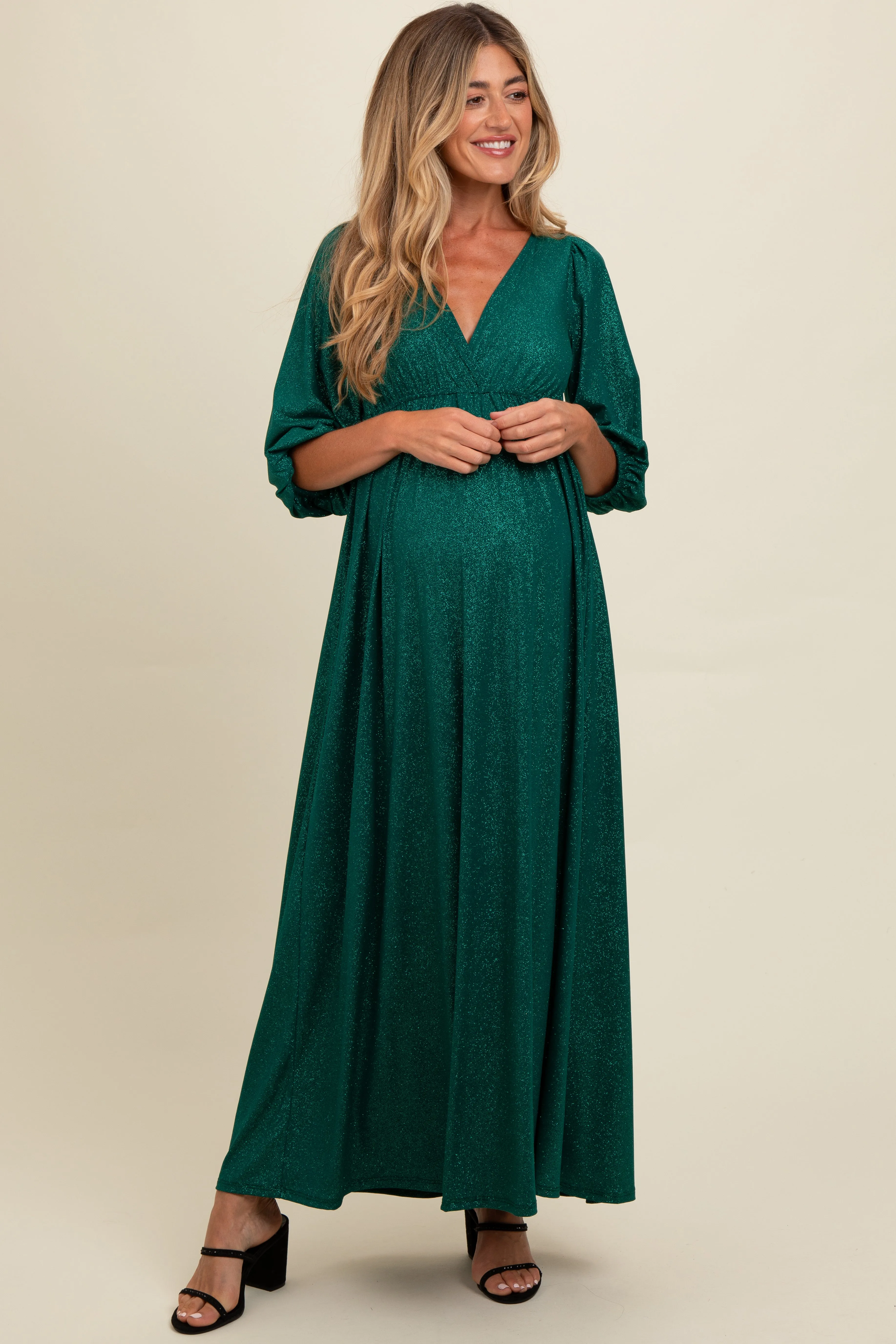 Forest Green Glitter V-Neck Maternity Maxi Dress sold by Pinkblush