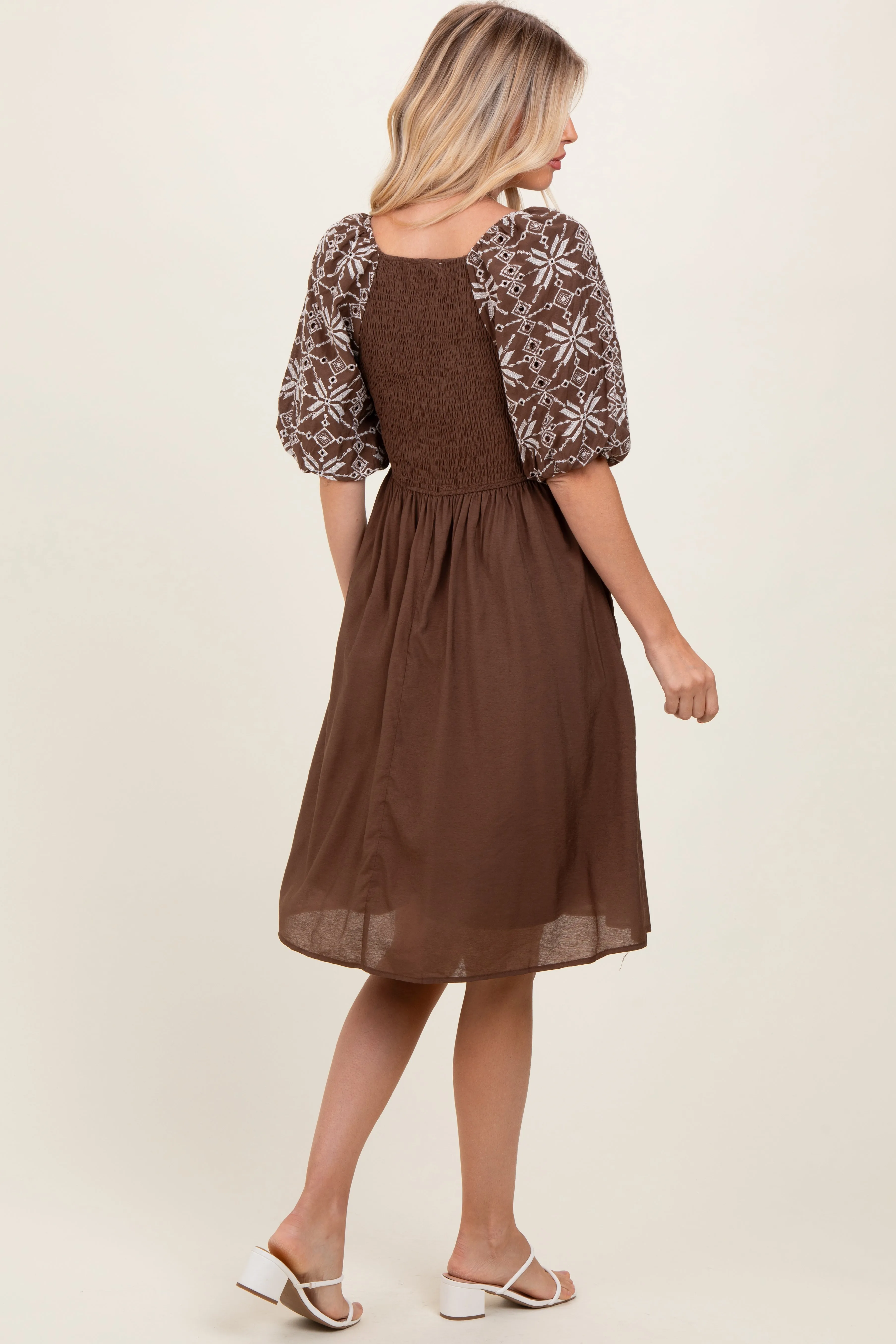 Brown Embroidered Puff Short Sleeve Square Neck Dress sold by Pinkblush product image thumbnail 4