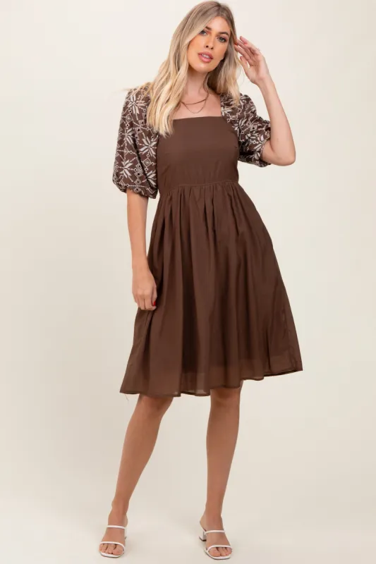 Brown Embroidered Puff Short Sleeve Square Neck Dress sold by Pinkblush