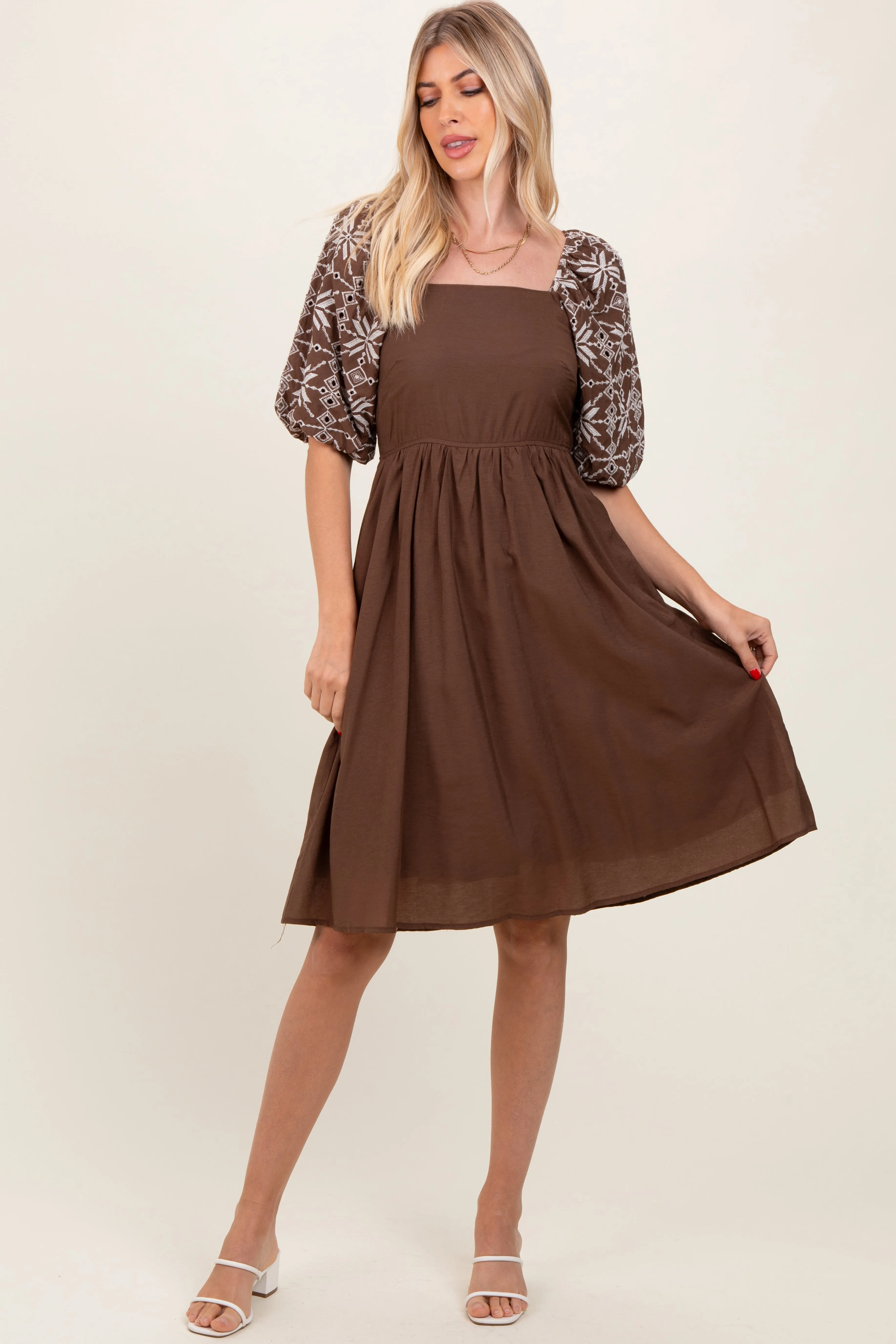 Brown Embroidered Puff Short Sleeve Square Neck Dress sold by Pinkblush product image thumbnail 2