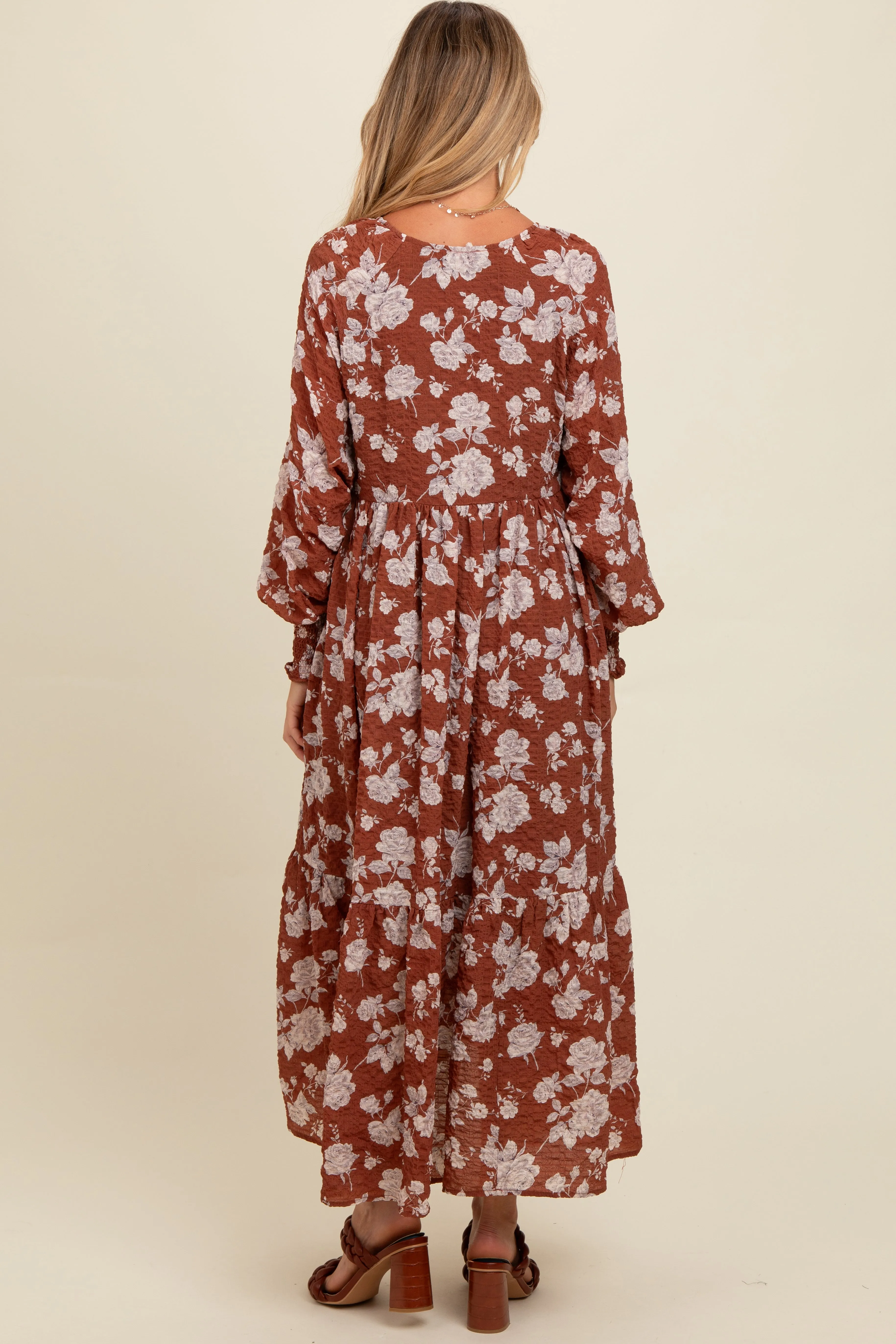 Rust Floral Textured Bubble Sleeve Maternity Maxi Dress sold by Pinkblush product image thumbnail 4