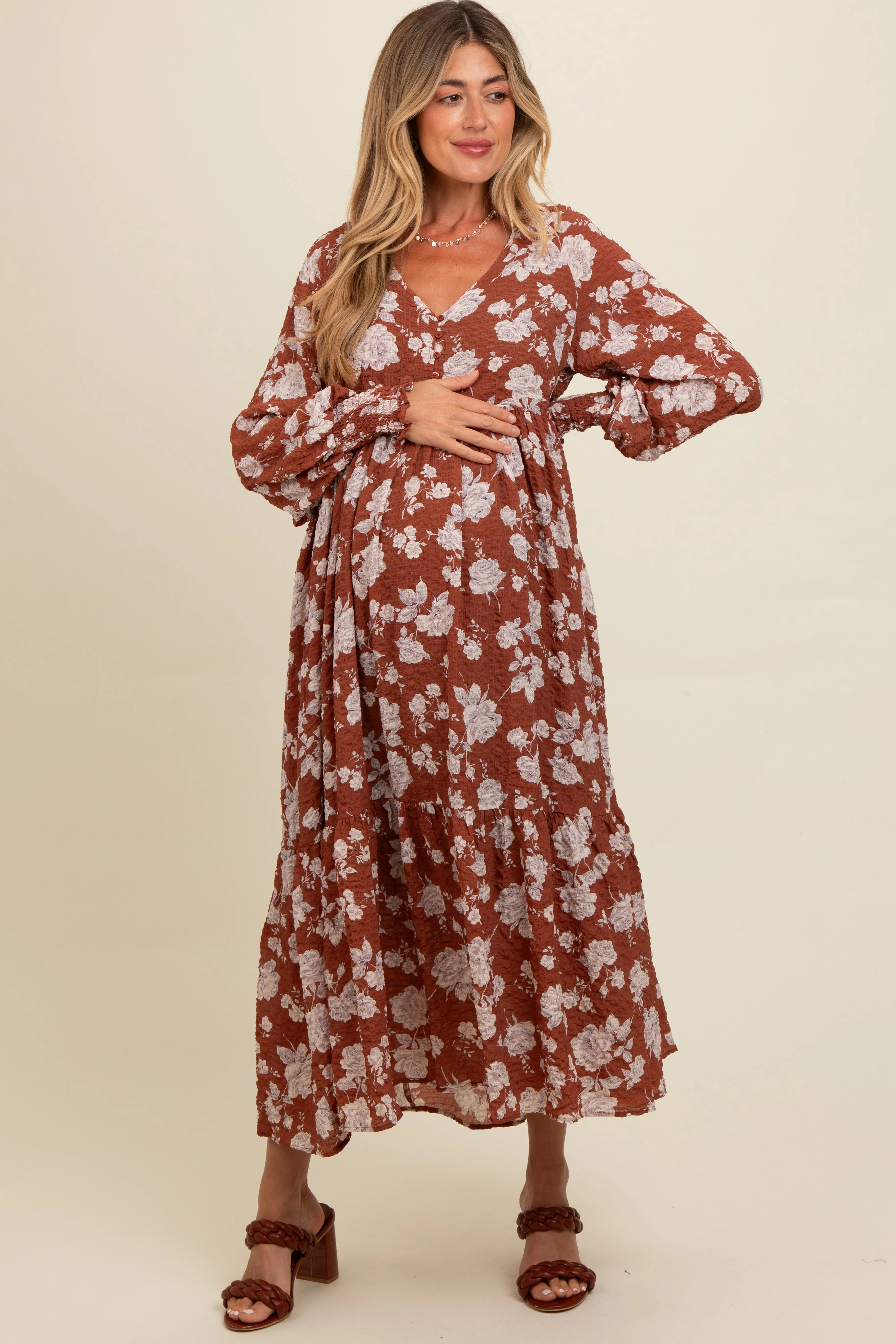 Rust Floral Textured Bubble Sleeve Maternity Maxi Dress sold by Pinkblush product image thumbnail 2