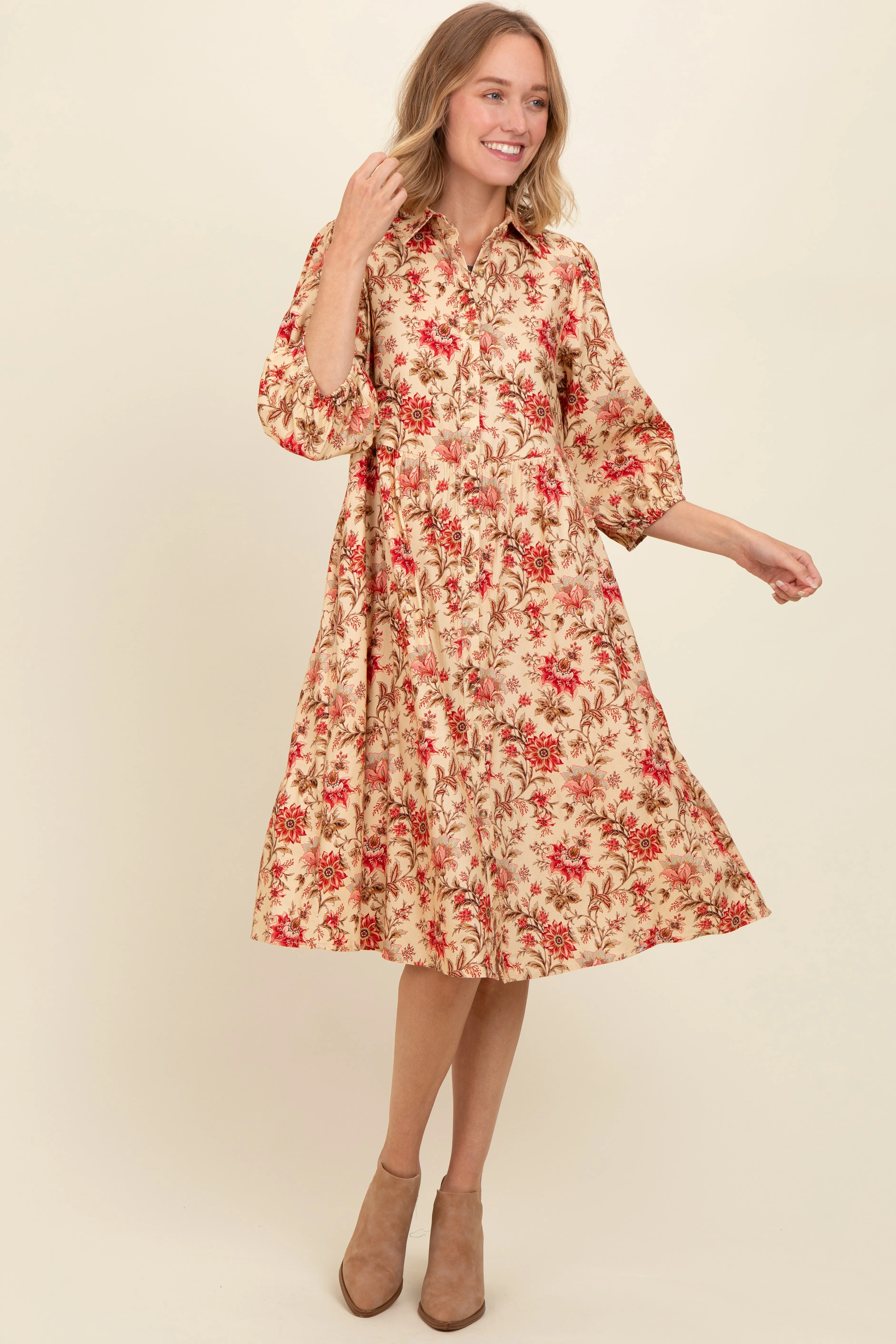 Cream Floral Button Down Midi Dress sold by Pinkblush product image thumbnail 4