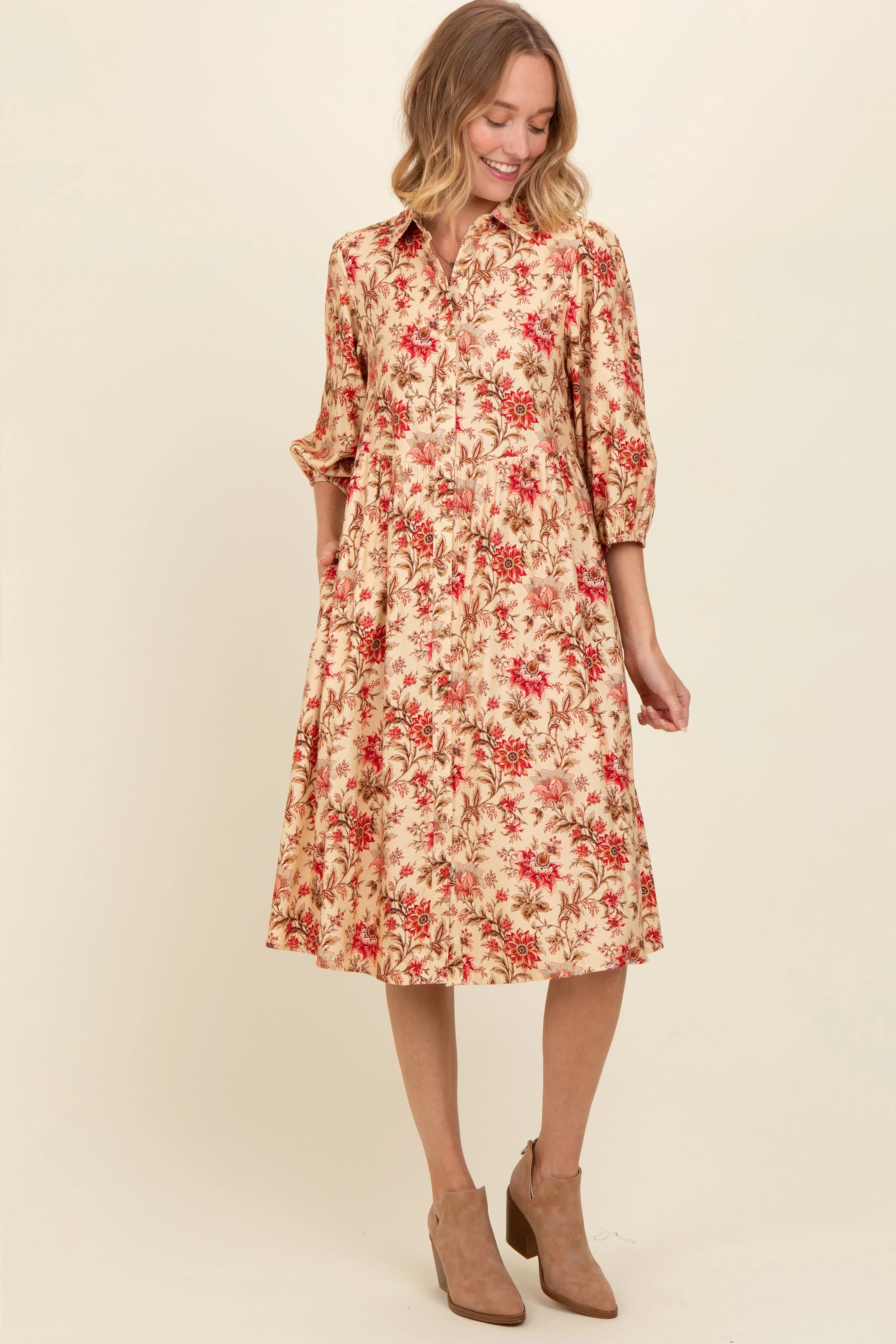Cream Floral Button Down Midi Dress sold by Pinkblush product image thumbnail 2