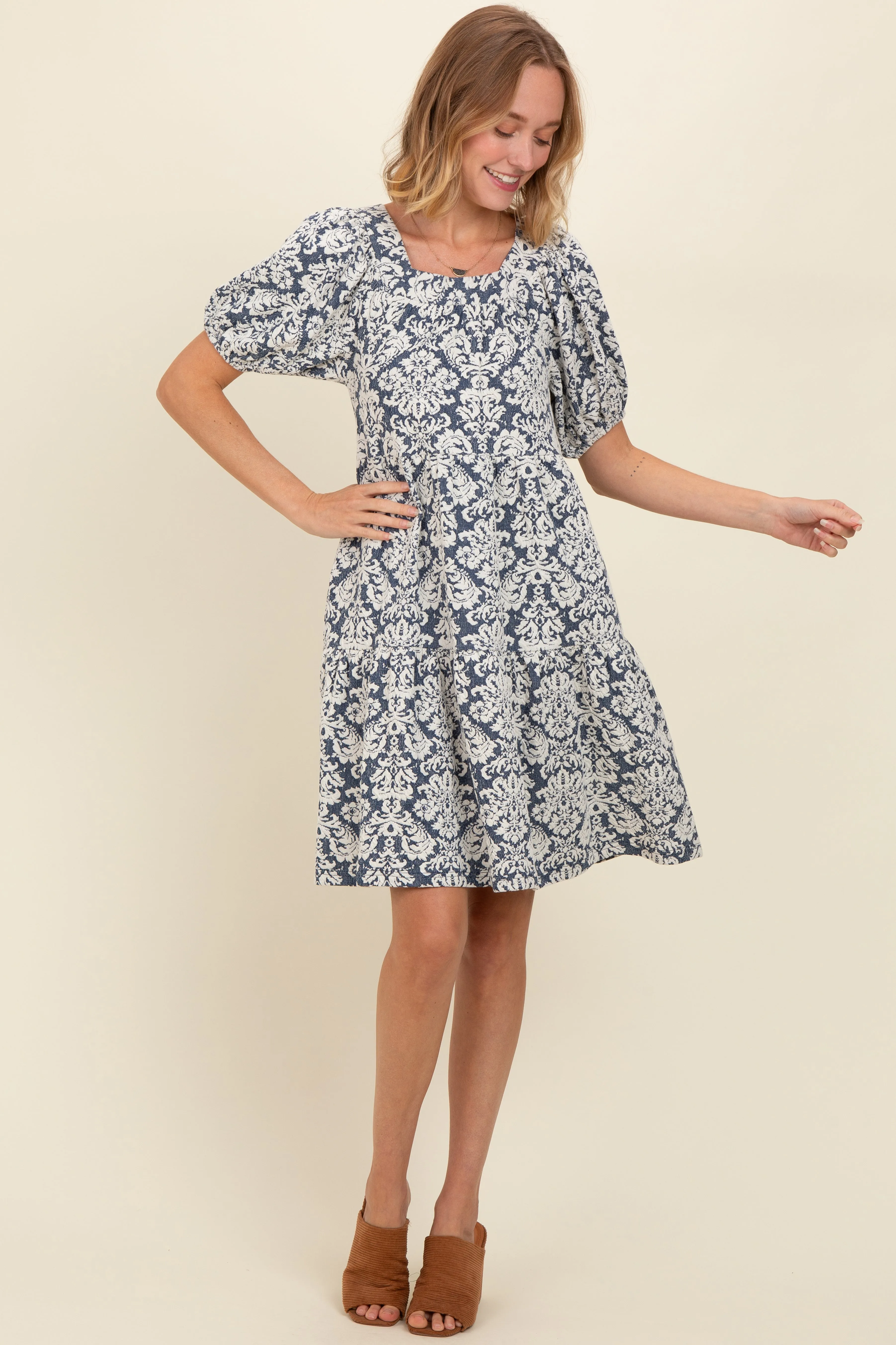 Navy Jacquard Damask Print Dress sold by Pinkblush