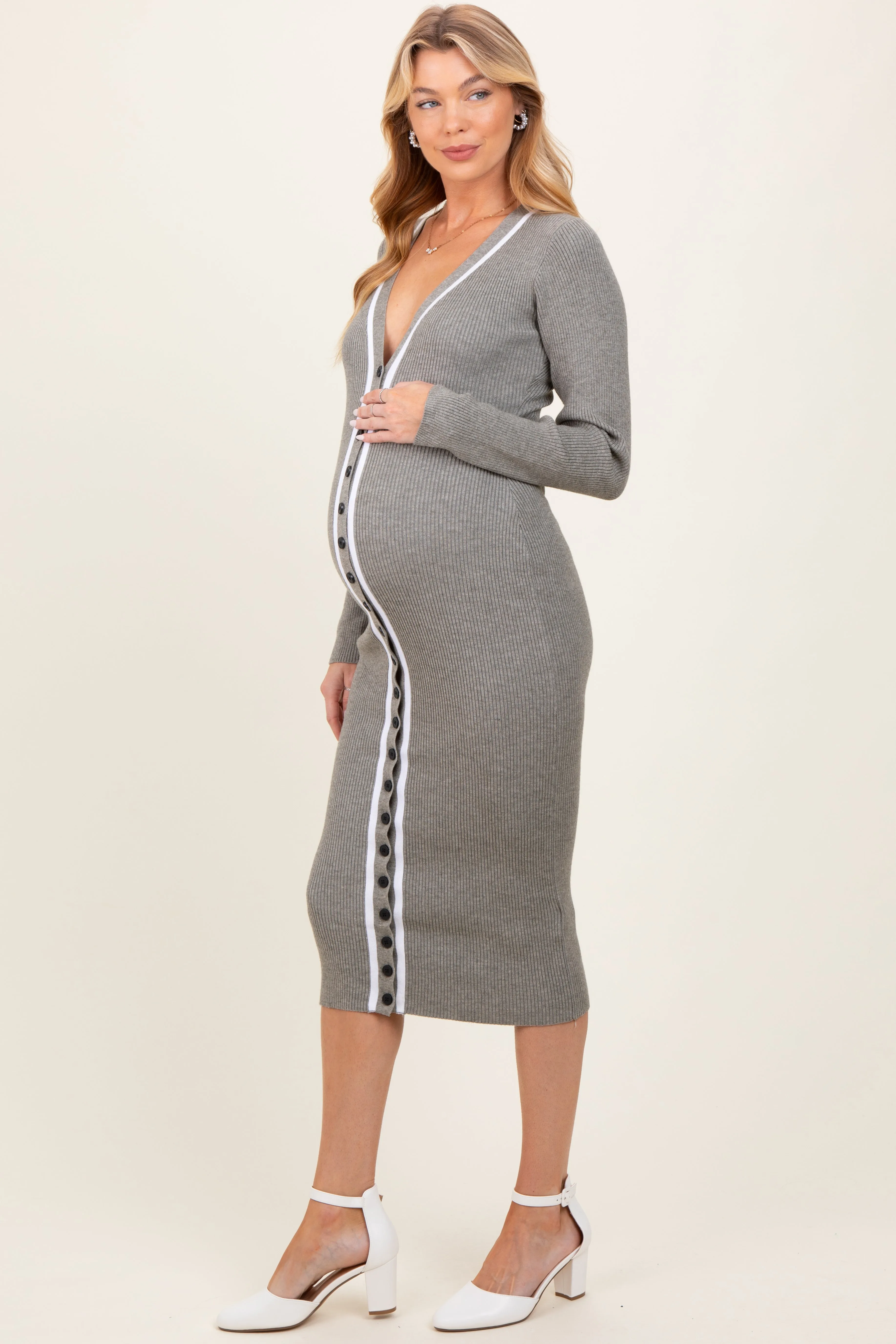 Charcoal Knit Contrast Stripe Button Down Maternity Dress sold by Pinkblush product image thumbnail 3