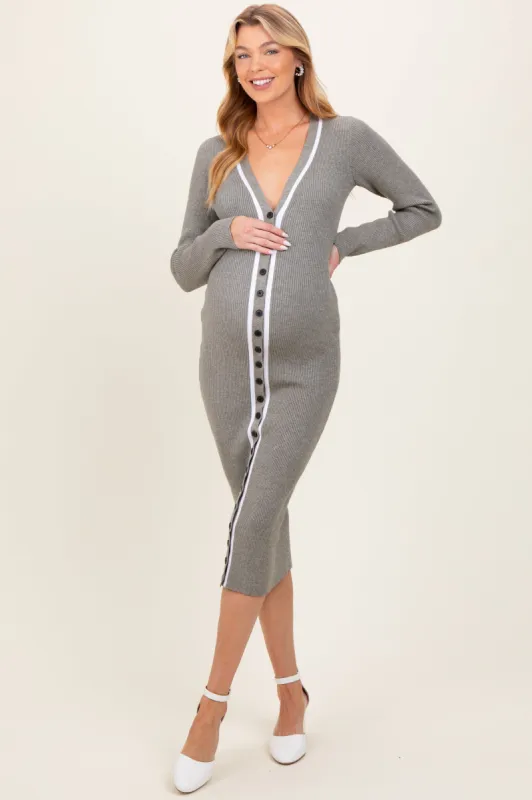 Charcoal Knit Contrast Stripe Button Down Maternity Dress sold by Pinkblush