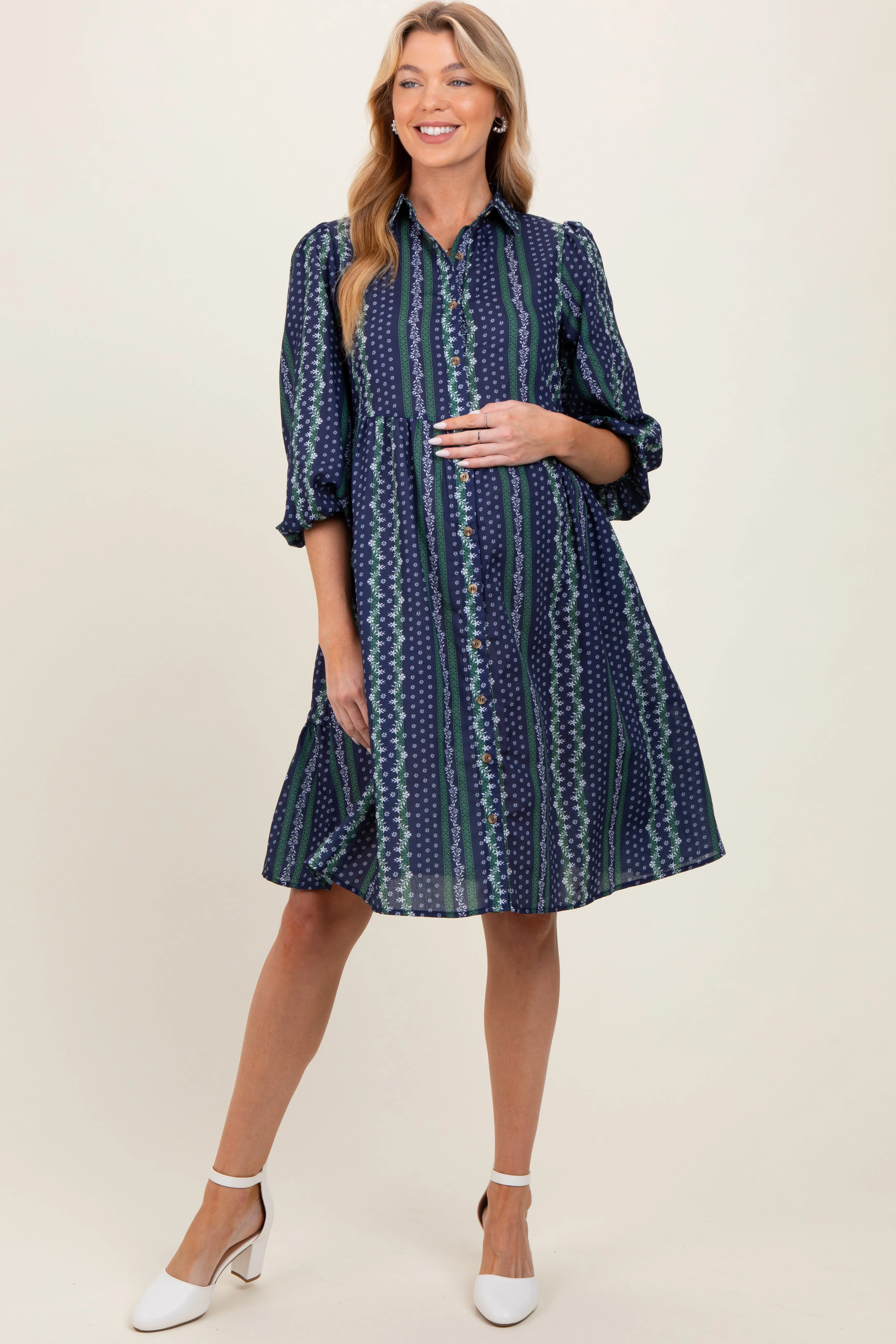 Navy Floral Striped Button Down Maternity Midi Dress sold by Pinkblush