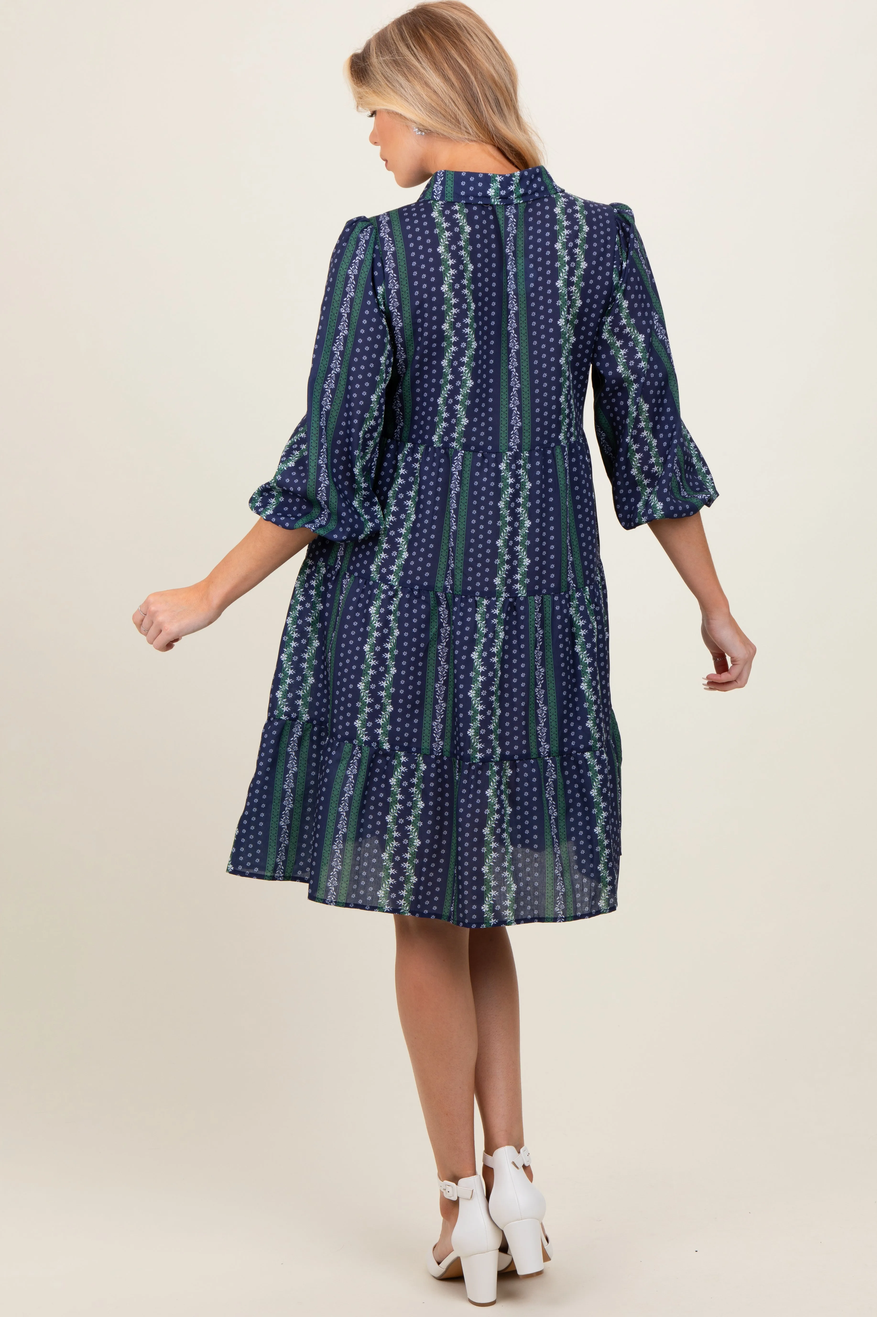 Navy Floral Striped Button Down Maternity Midi Dress sold by Pinkblush product image thumbnail 2