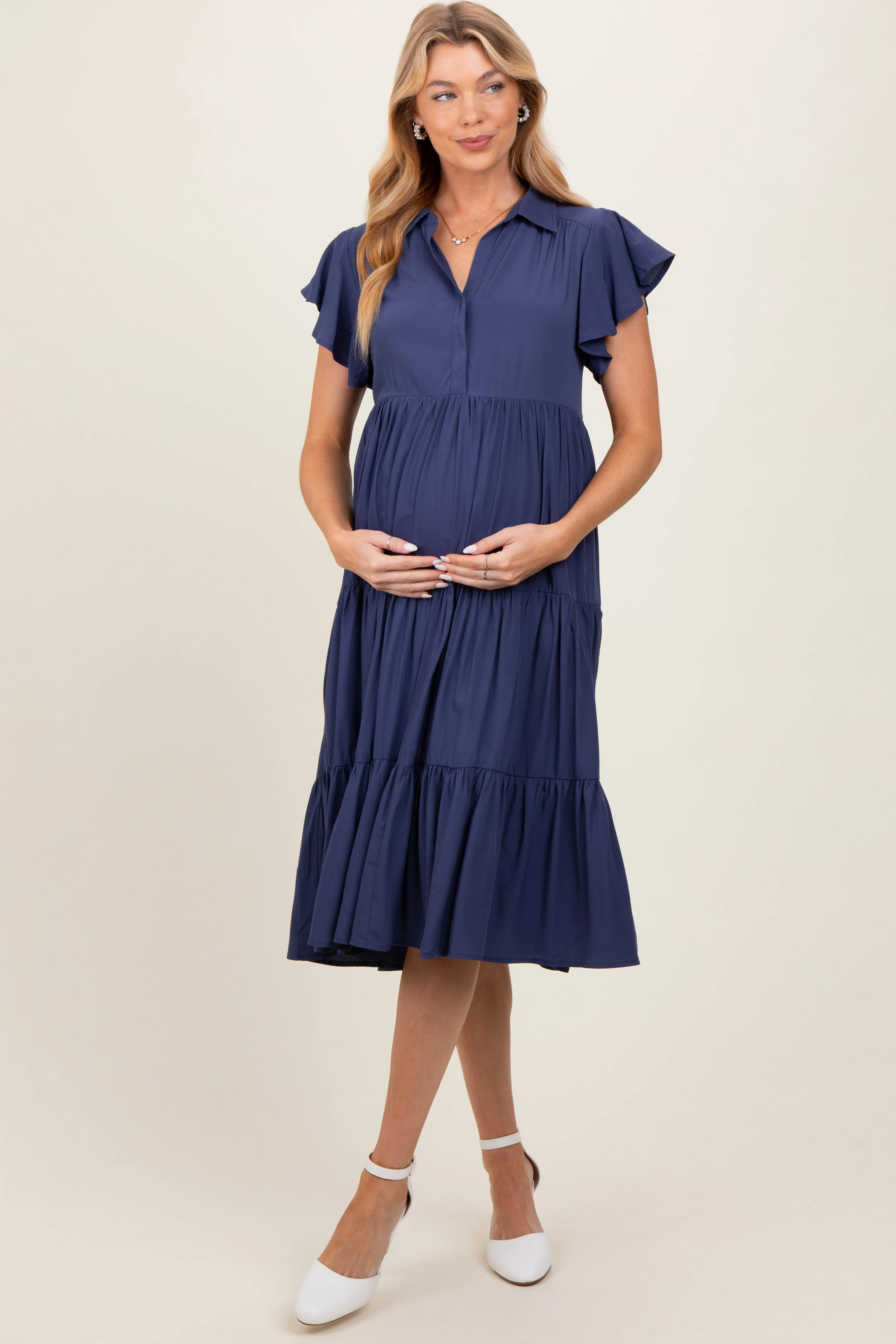 Navy Blue Ruffle Sleeve V-Neck Tiered Maternity Midi Dress sold by Pinkblush