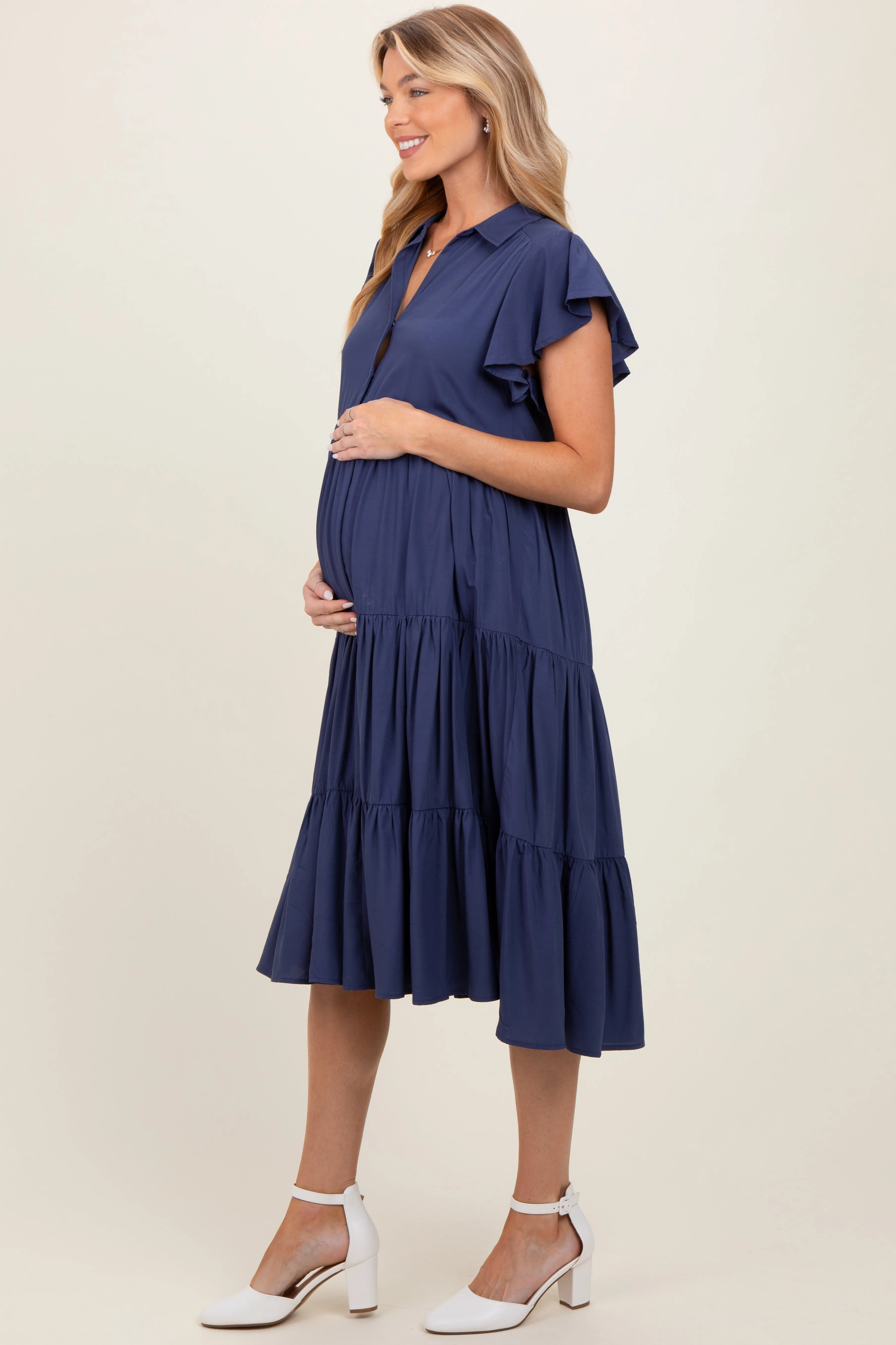 Navy Blue Ruffle Sleeve V-Neck Tiered Maternity Midi Dress sold by Pinkblush product image thumbnail 2