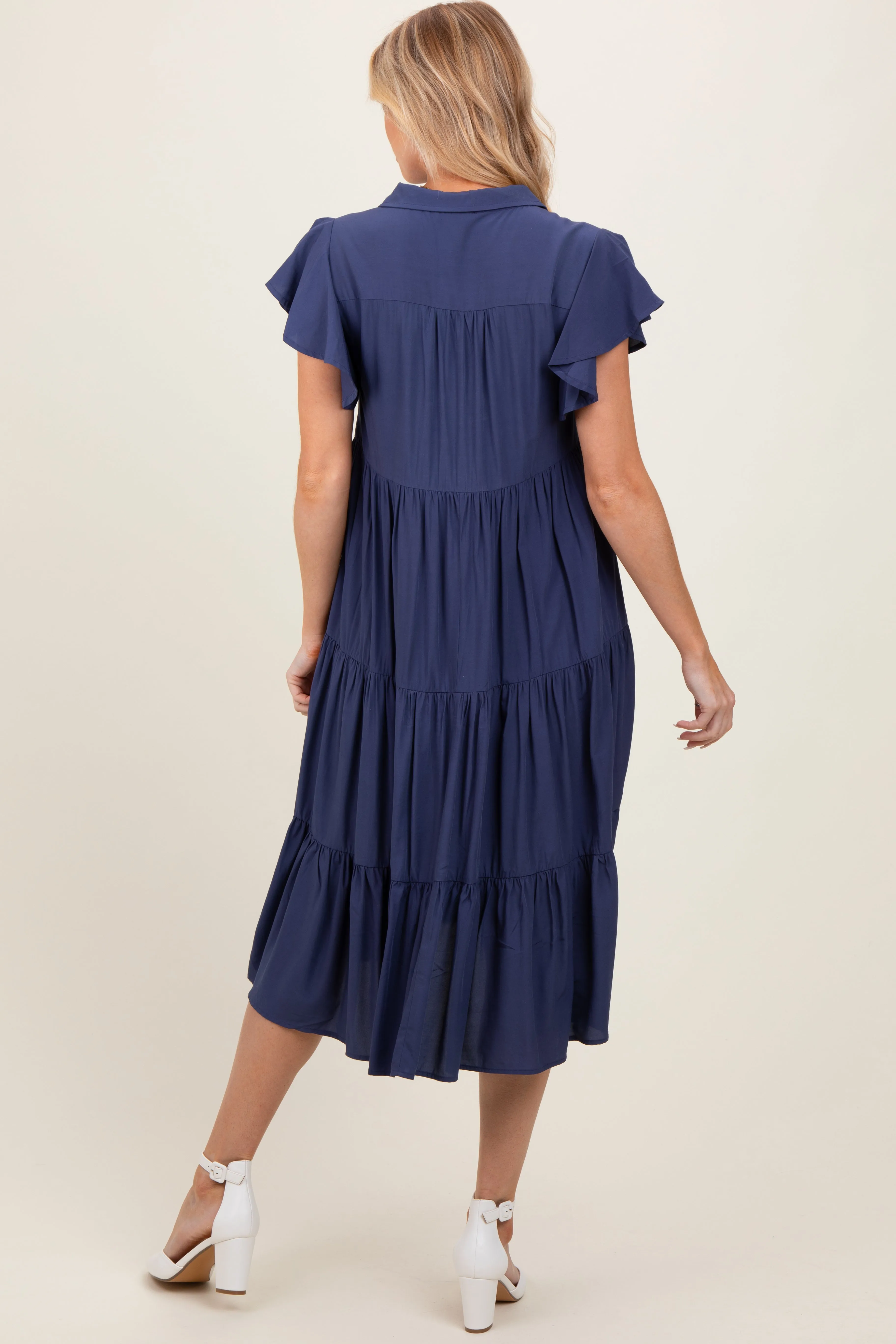 Navy Blue Ruffle Sleeve V-Neck Tiered Maternity Midi Dress sold by Pinkblush product image thumbnail 3
