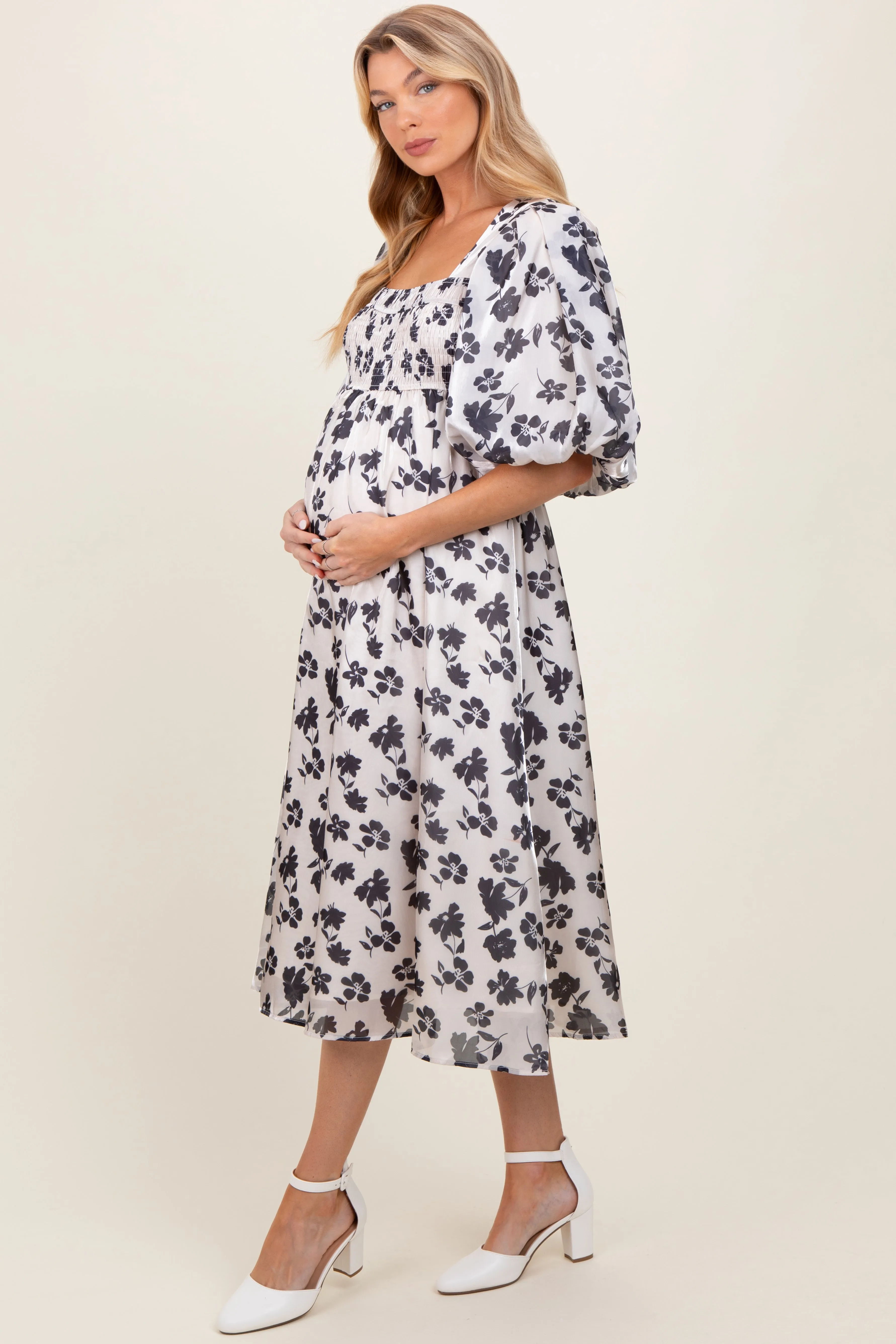 Ivory Satin Floral Smocked Maternity Midi Dress sold by Pinkblush