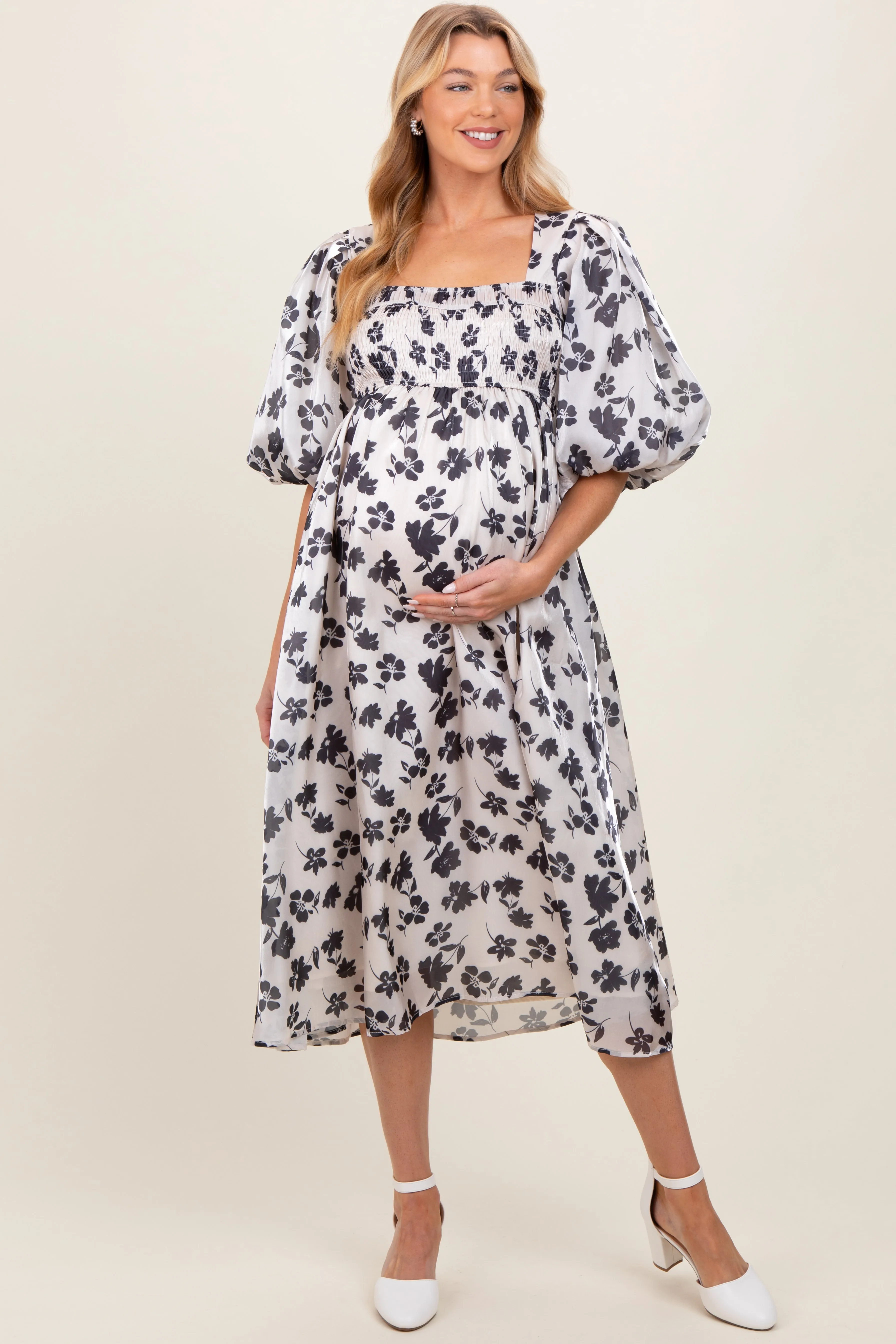 Ivory Satin Floral Smocked Maternity Midi Dress sold by Pinkblush product image thumbnail 2