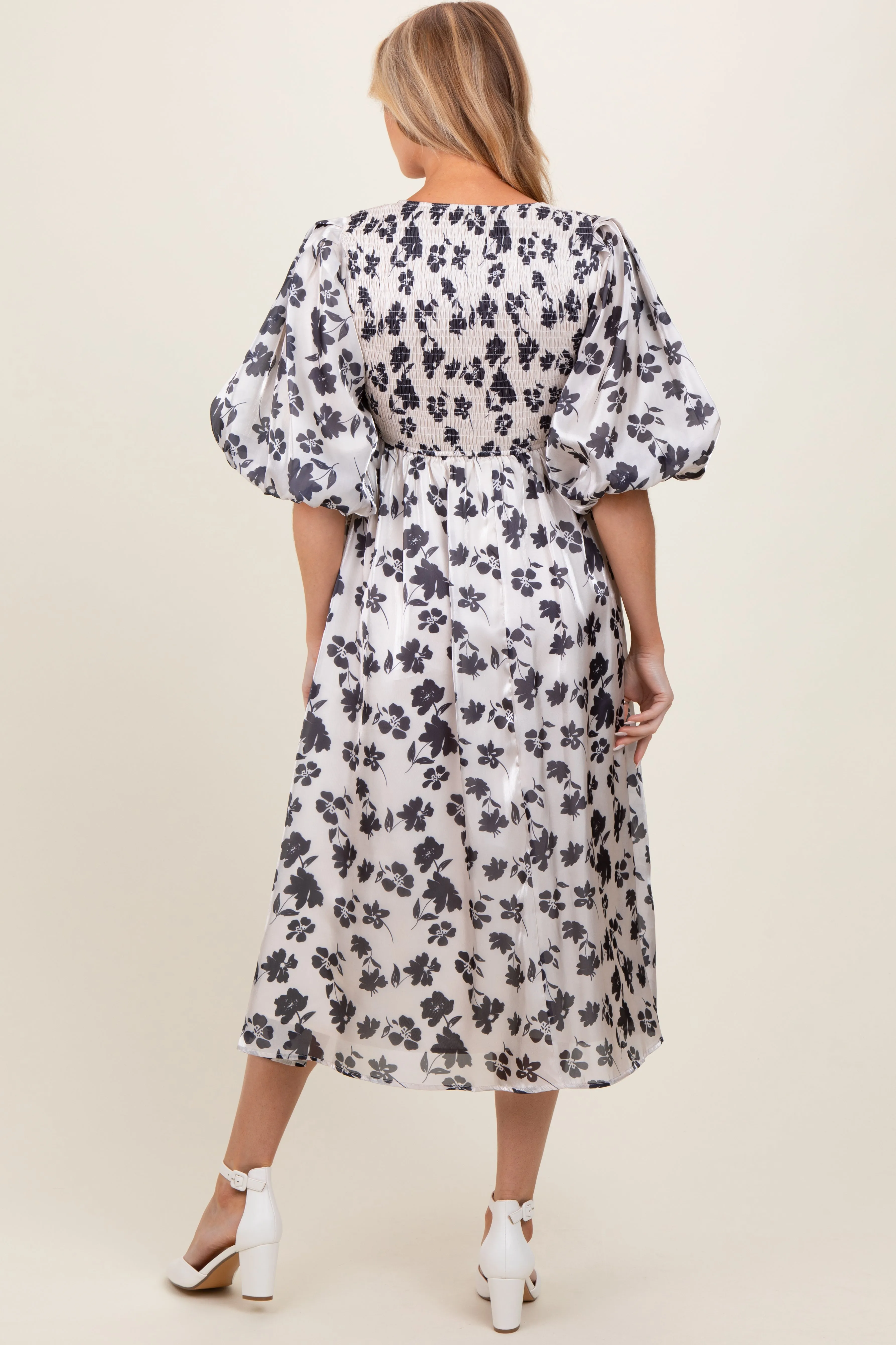 Ivory Satin Floral Smocked Maternity Midi Dress sold by Pinkblush product image thumbnail 3