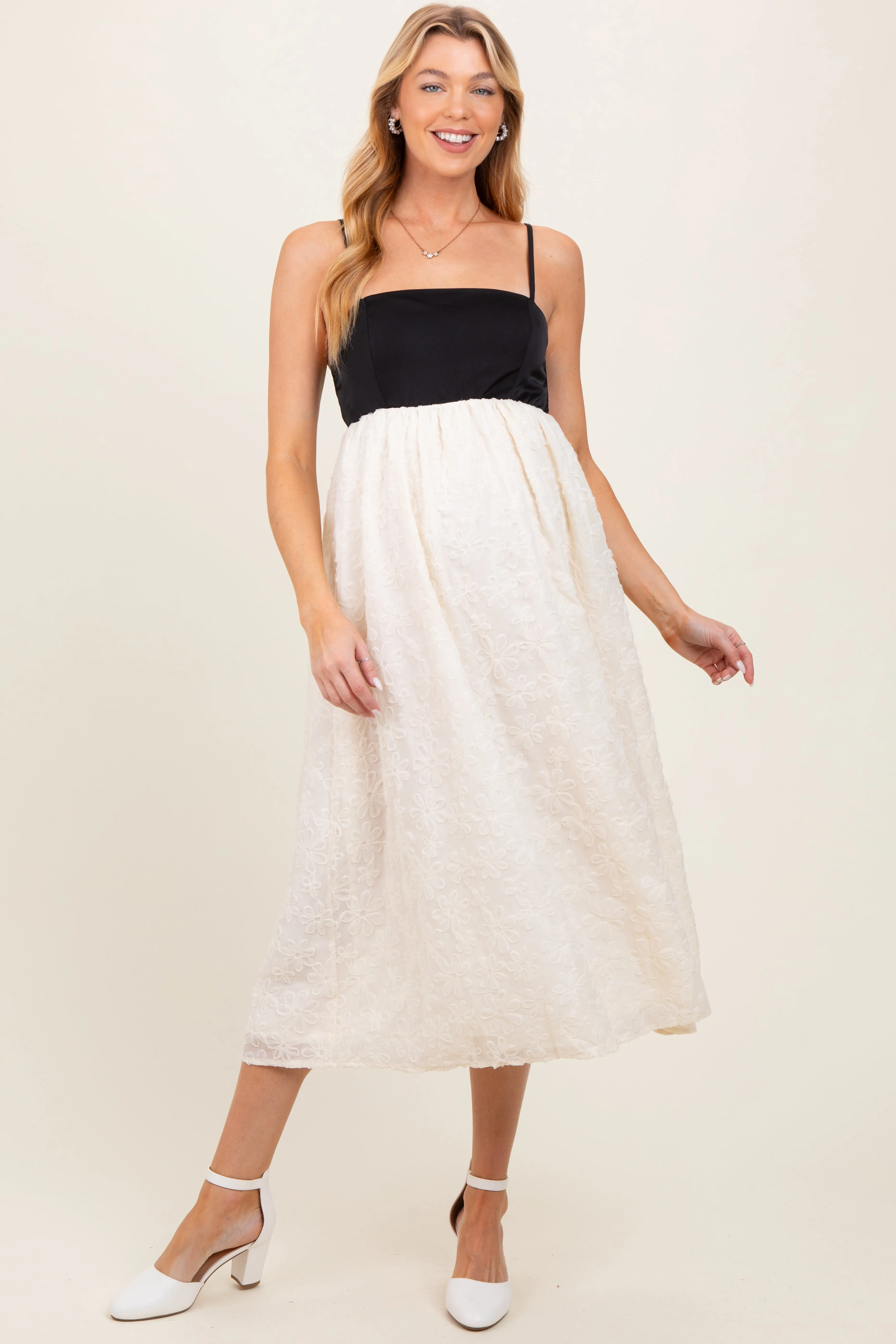 Cream Colorblock Lace Maternity Maxi Dress sold by Pinkblush
