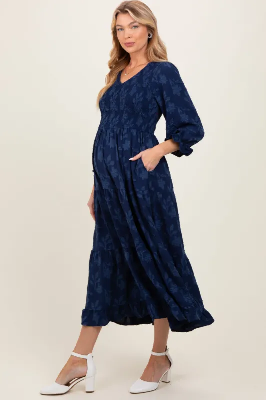 Navy Floral Smocked V-Neck Maternity Maxi Dress sold by Pinkblush
