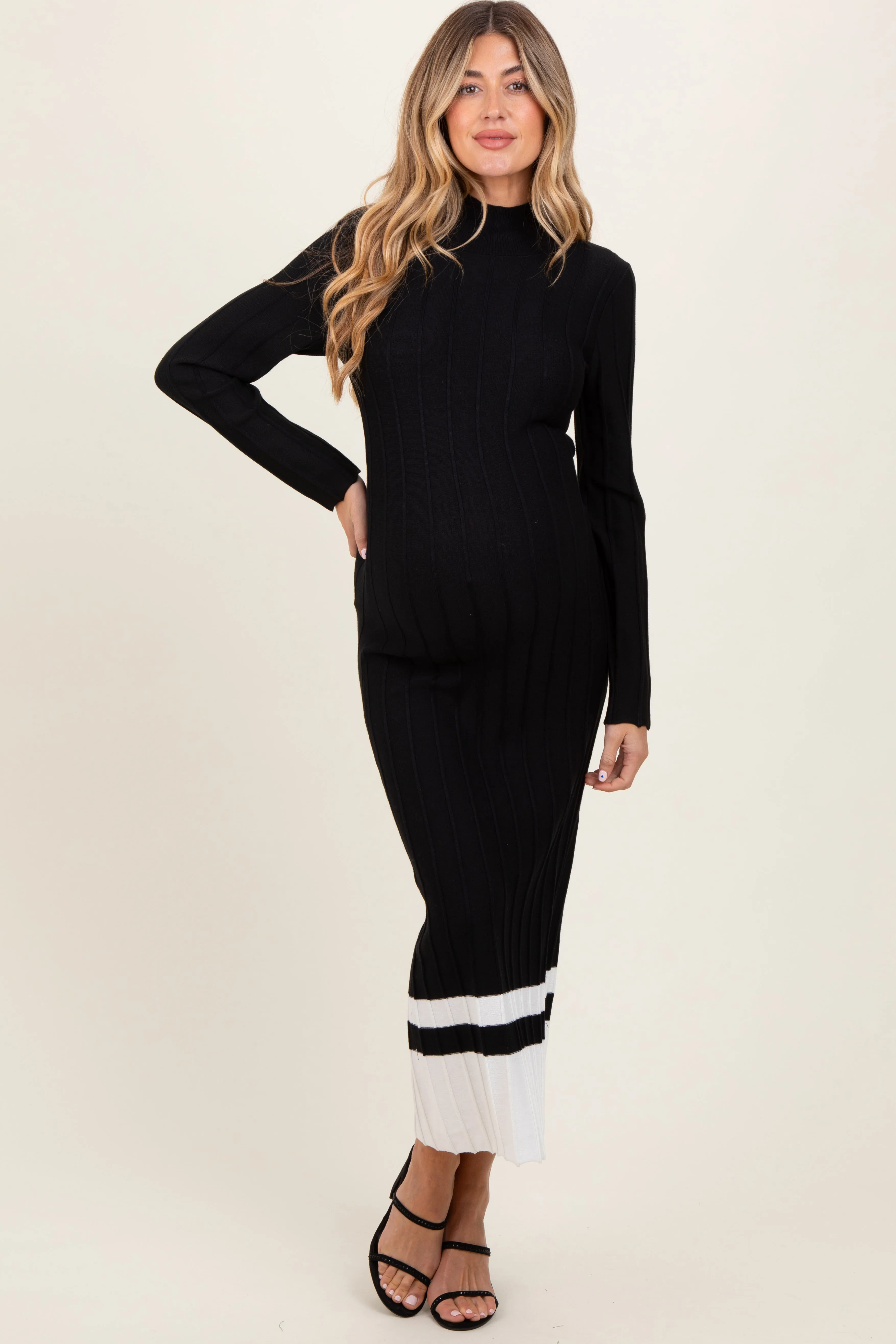 Black Colorblock Hem Mock Neck Maternity Sweater Dress sold by Pinkblush