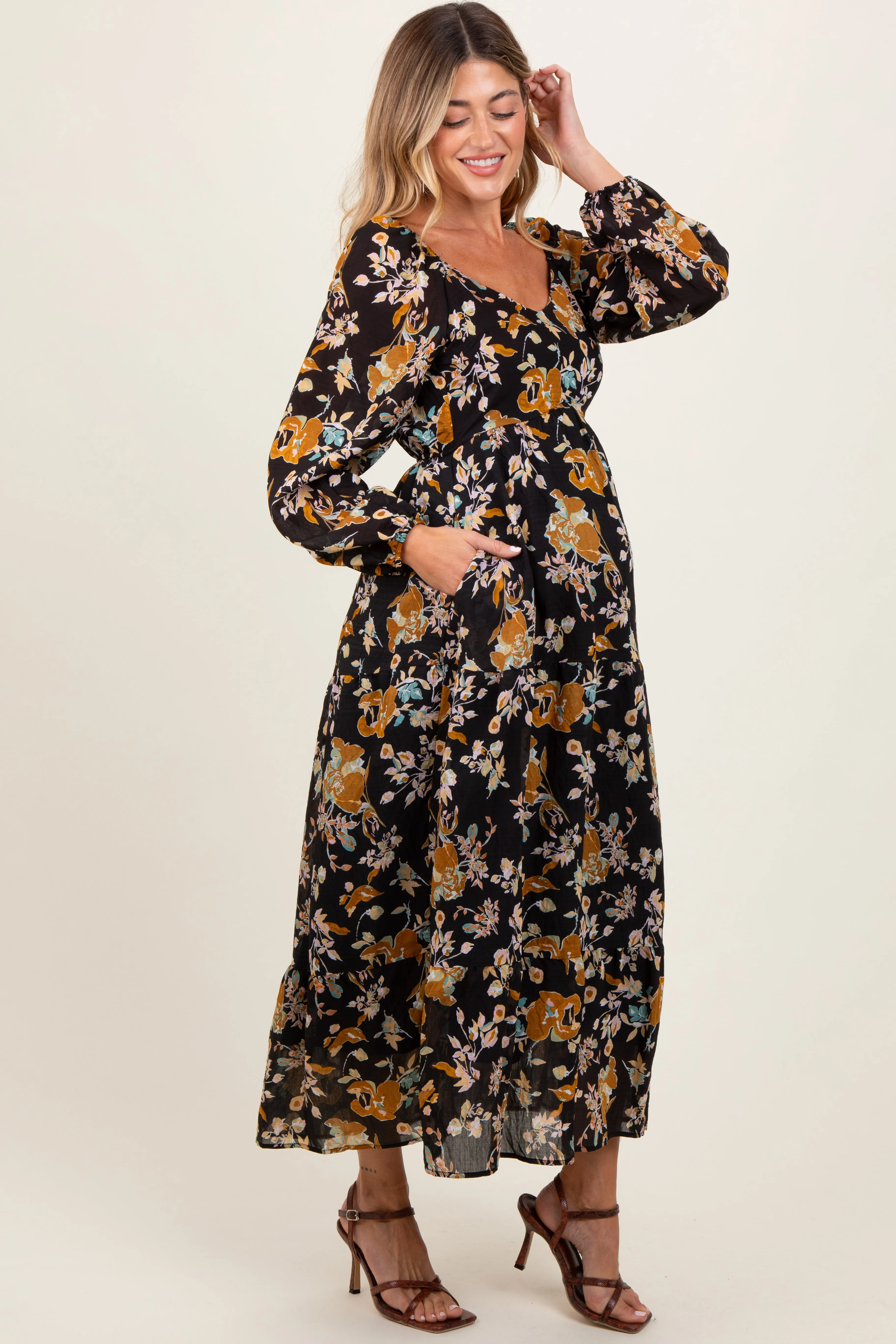 Black Floral V-Neck Long Sleeve Maternity Midi Dress sold by Pinkblush product image thumbnail 3