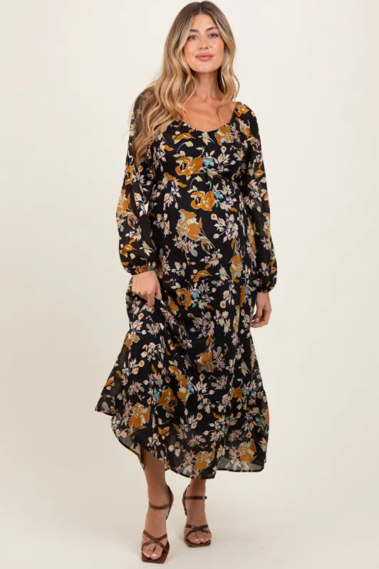 Black Floral V-Neck Long Sleeve Maternity Midi Dress sold by Pinkblush