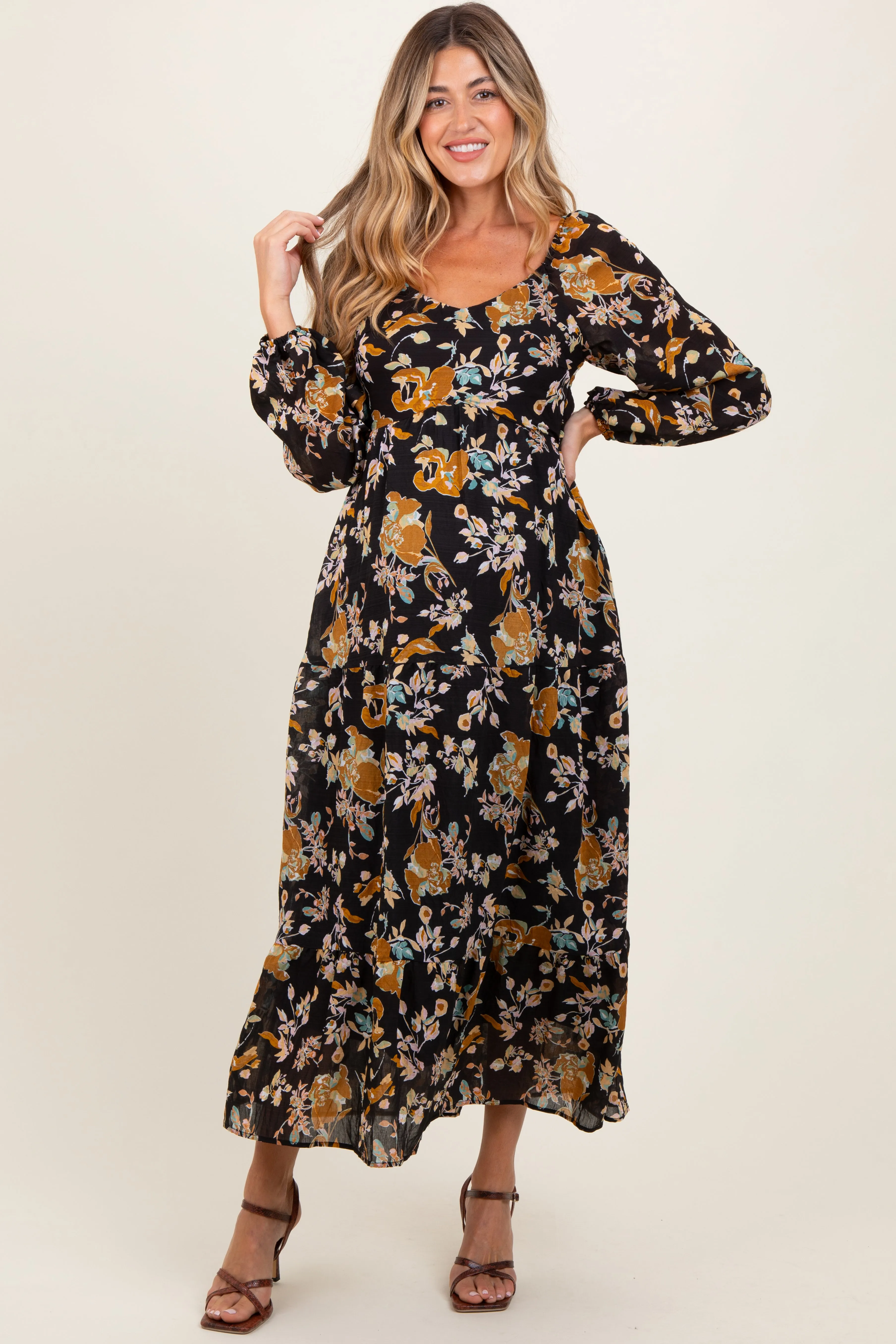 Black Floral V-Neck Long Sleeve Maternity Midi Dress sold by Pinkblush product image thumbnail 2