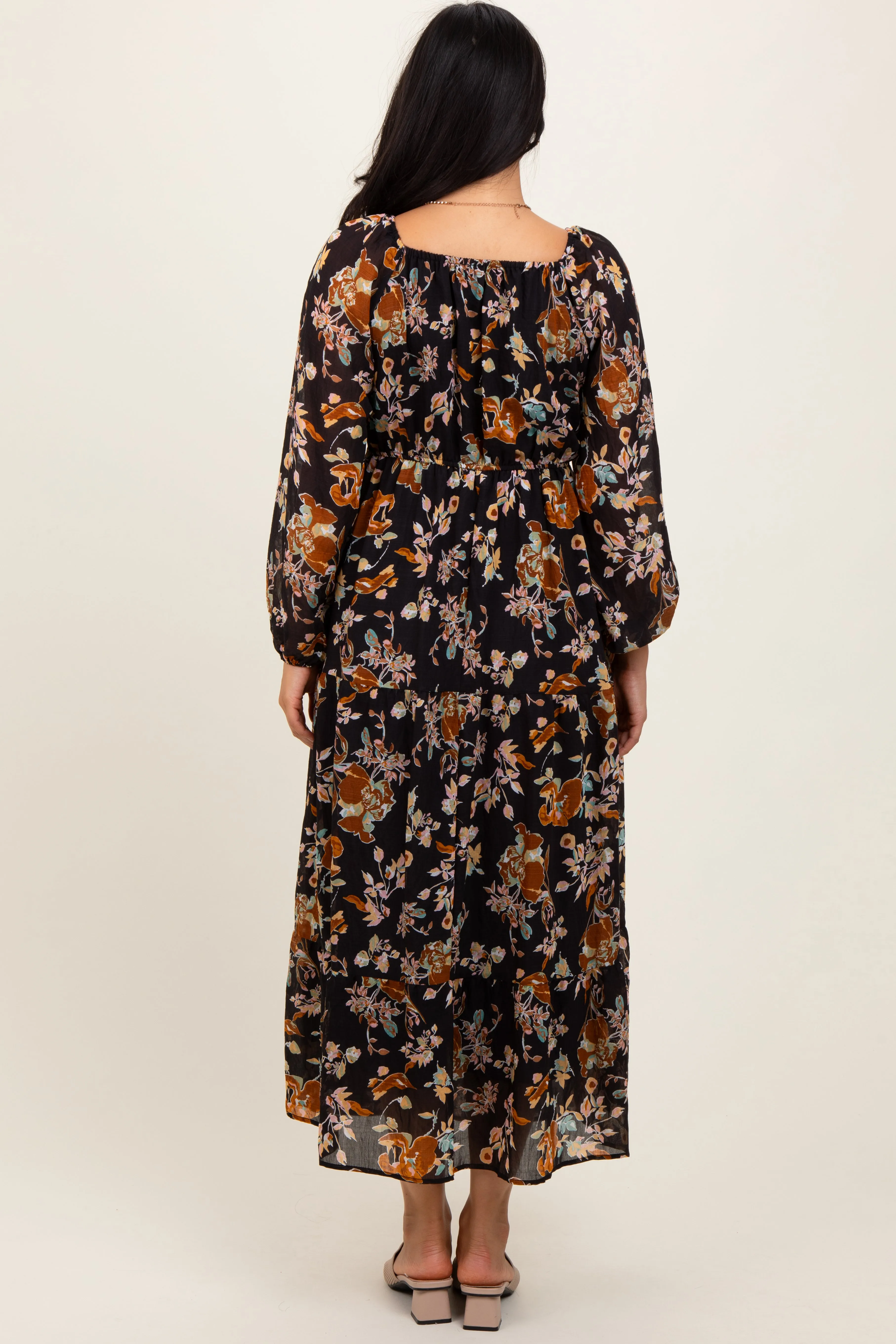 Black Floral V-Neck Long Sleeve Midi Dress sold by Pinkblush product image thumbnail 4
