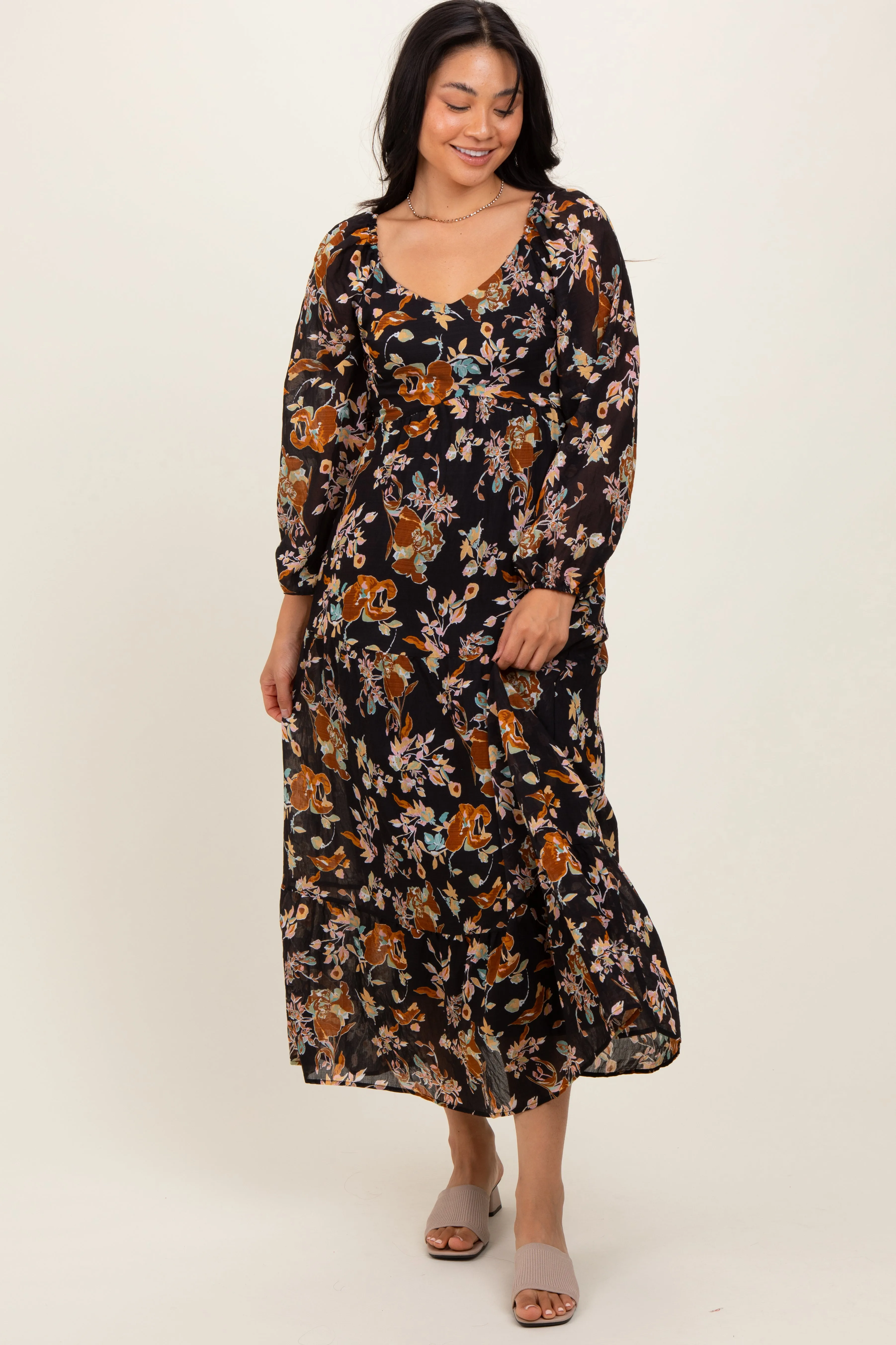 Black Floral V-Neck Long Sleeve Midi Dress sold by Pinkblush