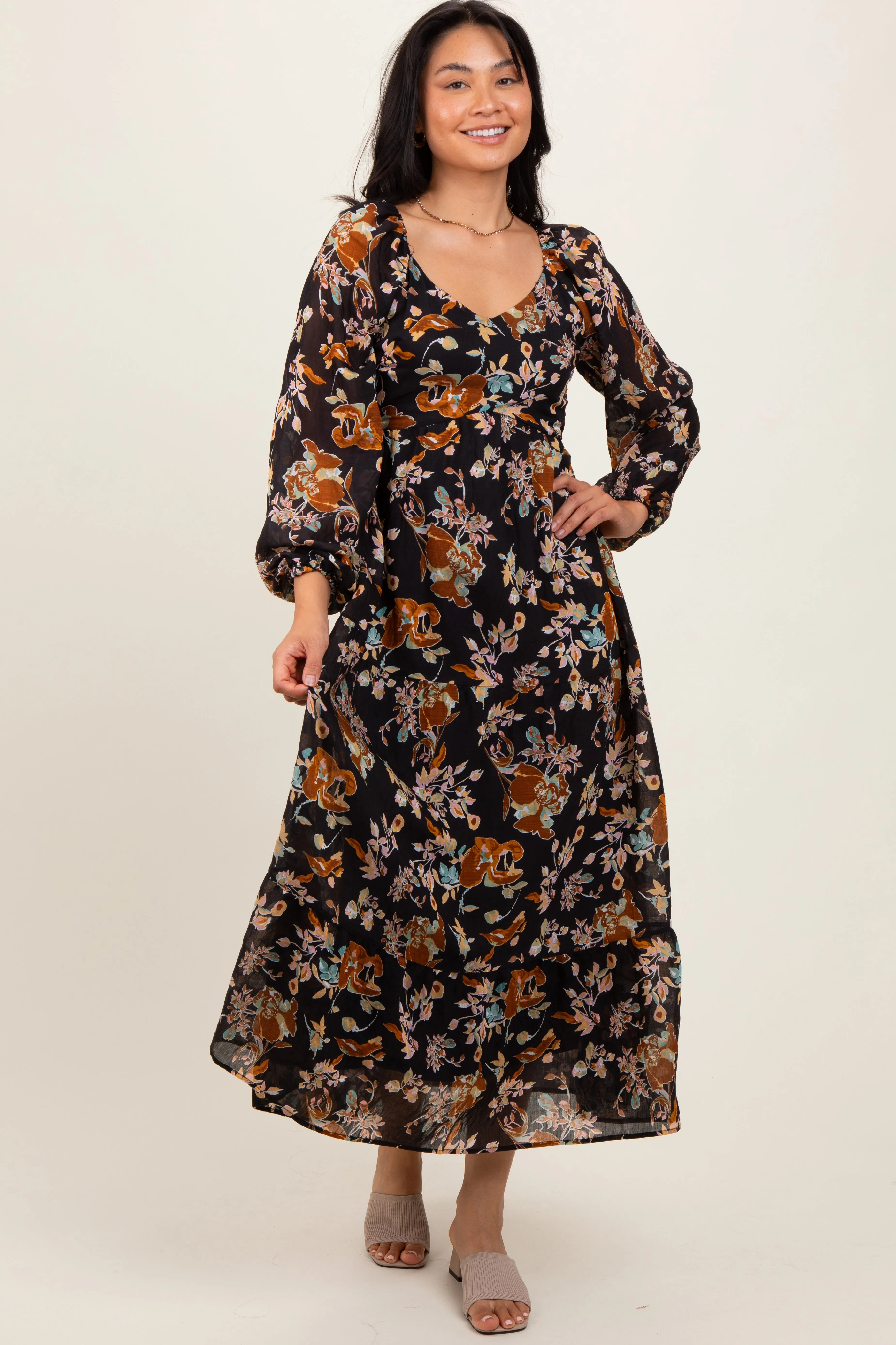 Black Floral V-Neck Long Sleeve Midi Dress sold by Pinkblush product image thumbnail 2