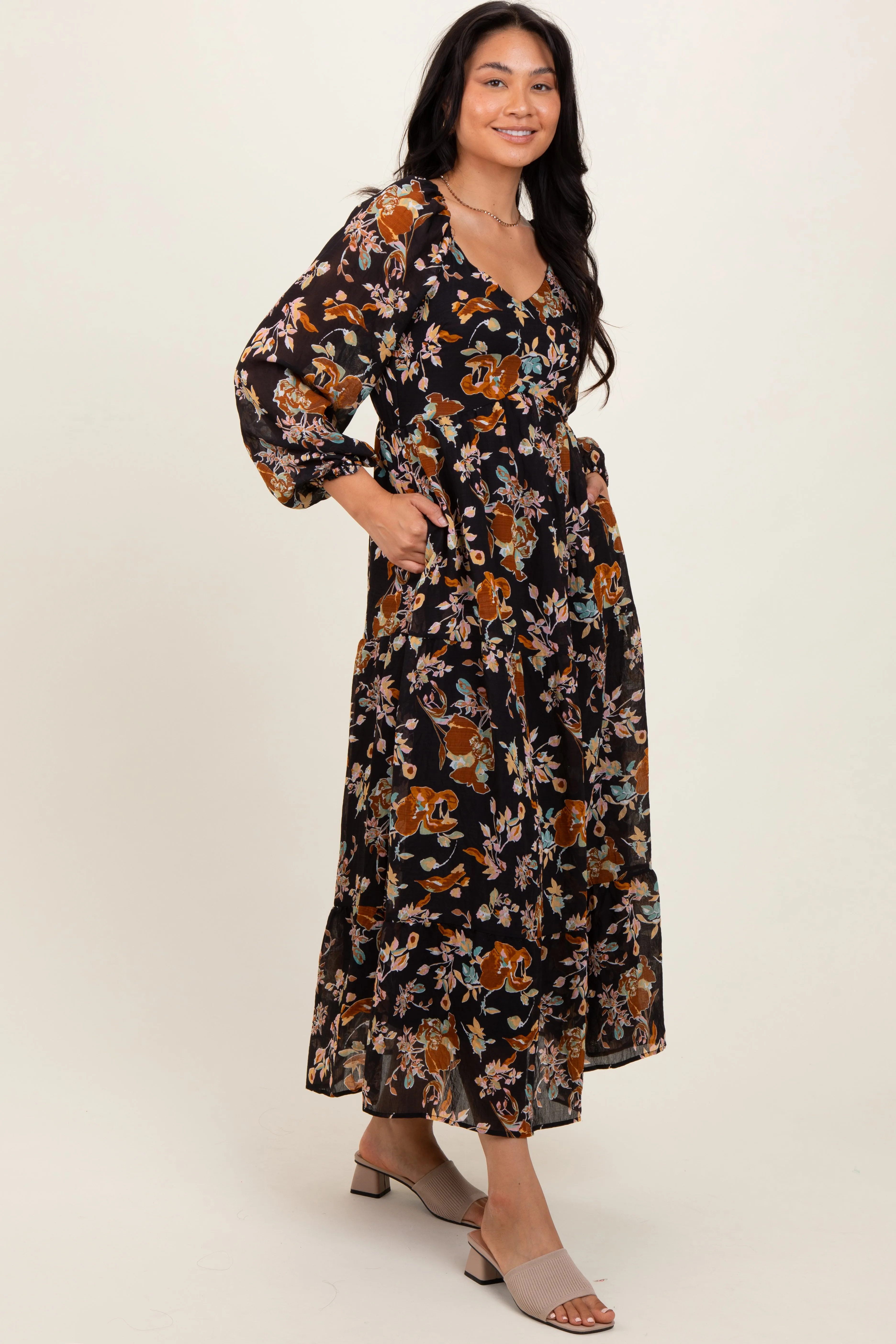 Black Floral V-Neck Long Sleeve Midi Dress sold by Pinkblush product image thumbnail 3