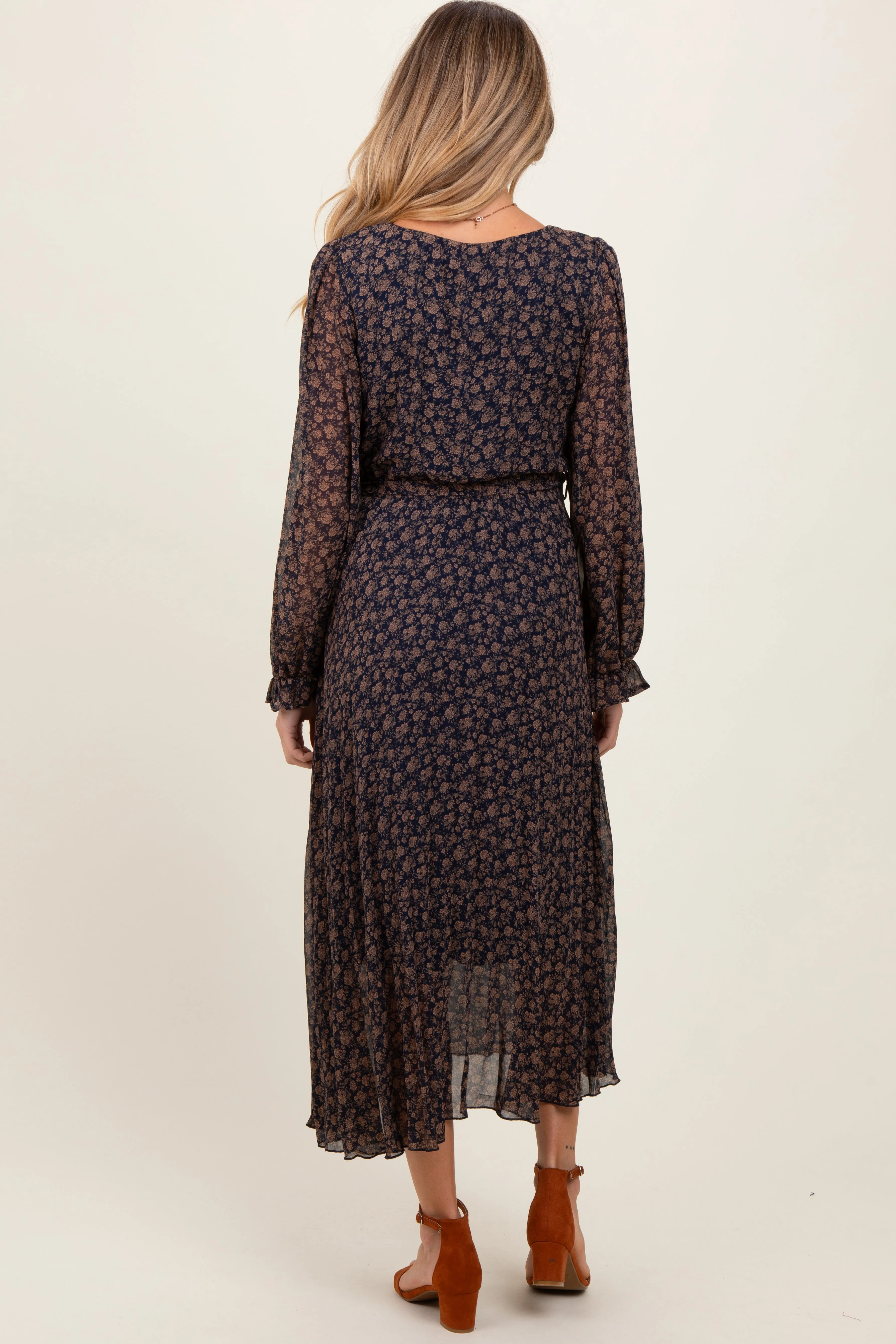 Navy Blue Floral Front Tie Pleated Maternity Midi Dress sold by Pinkblush product image thumbnail 3