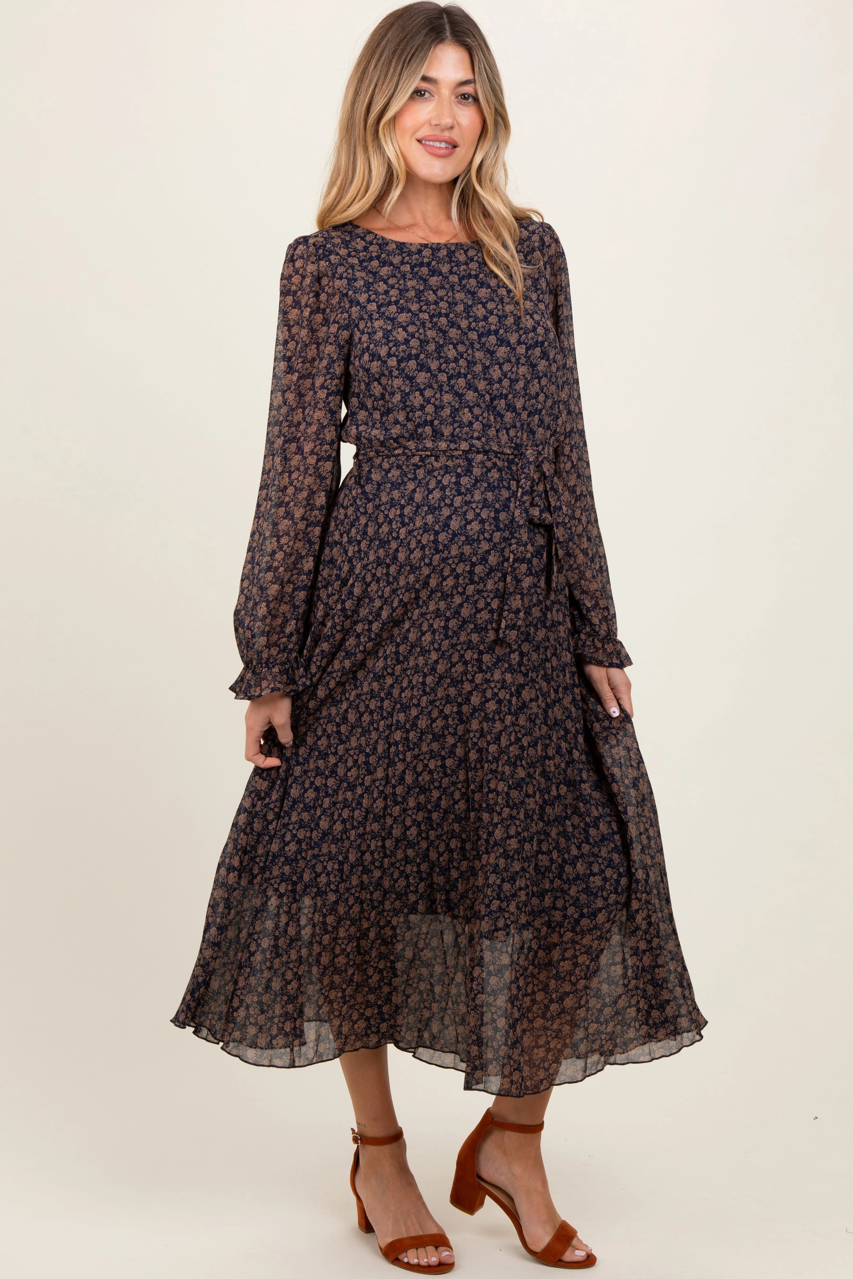 Navy Blue Floral Front Tie Pleated Maternity Midi Dress sold by Pinkblush product image thumbnail 4