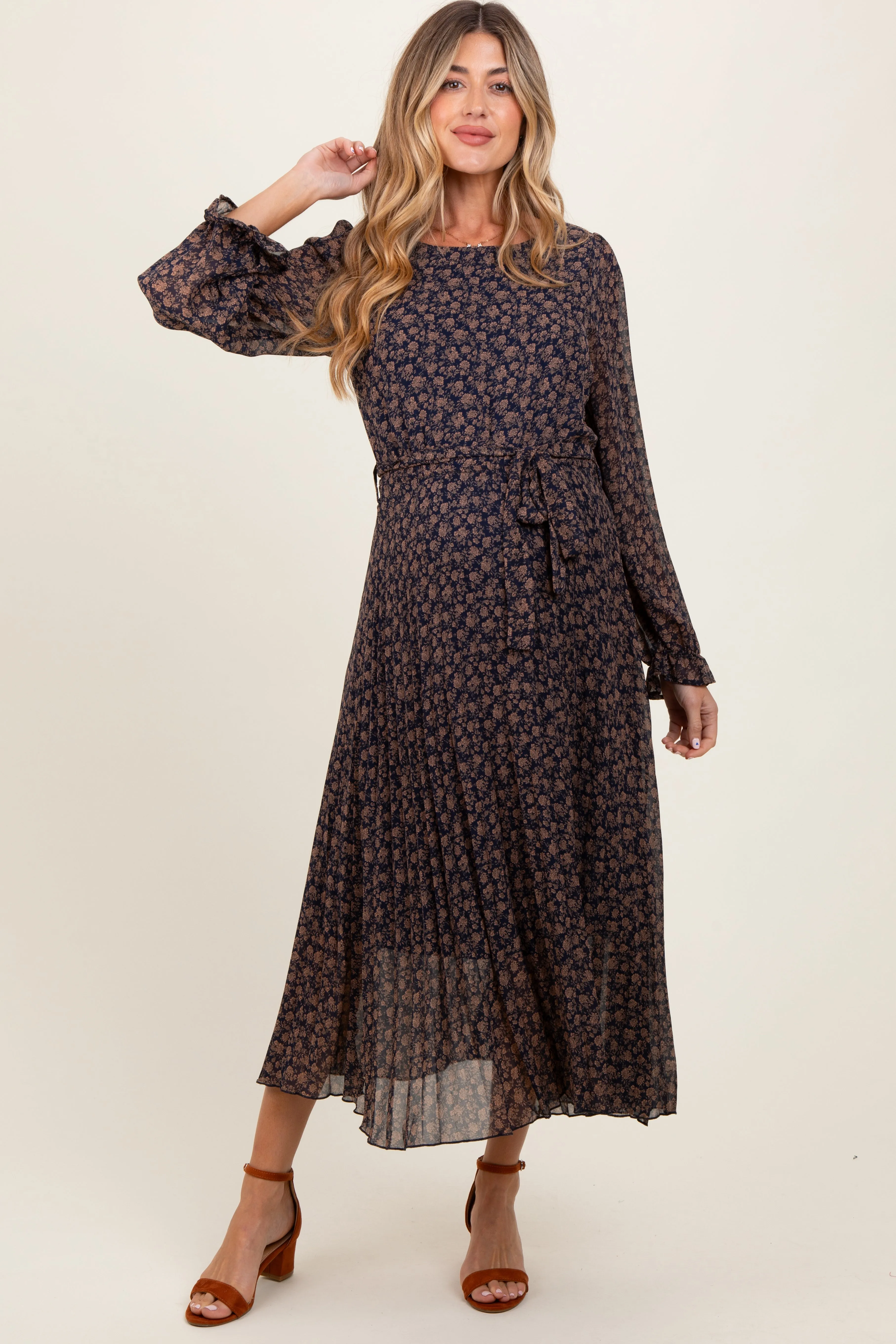 Navy Blue Floral Front Tie Pleated Maternity Midi Dress sold by Pinkblush