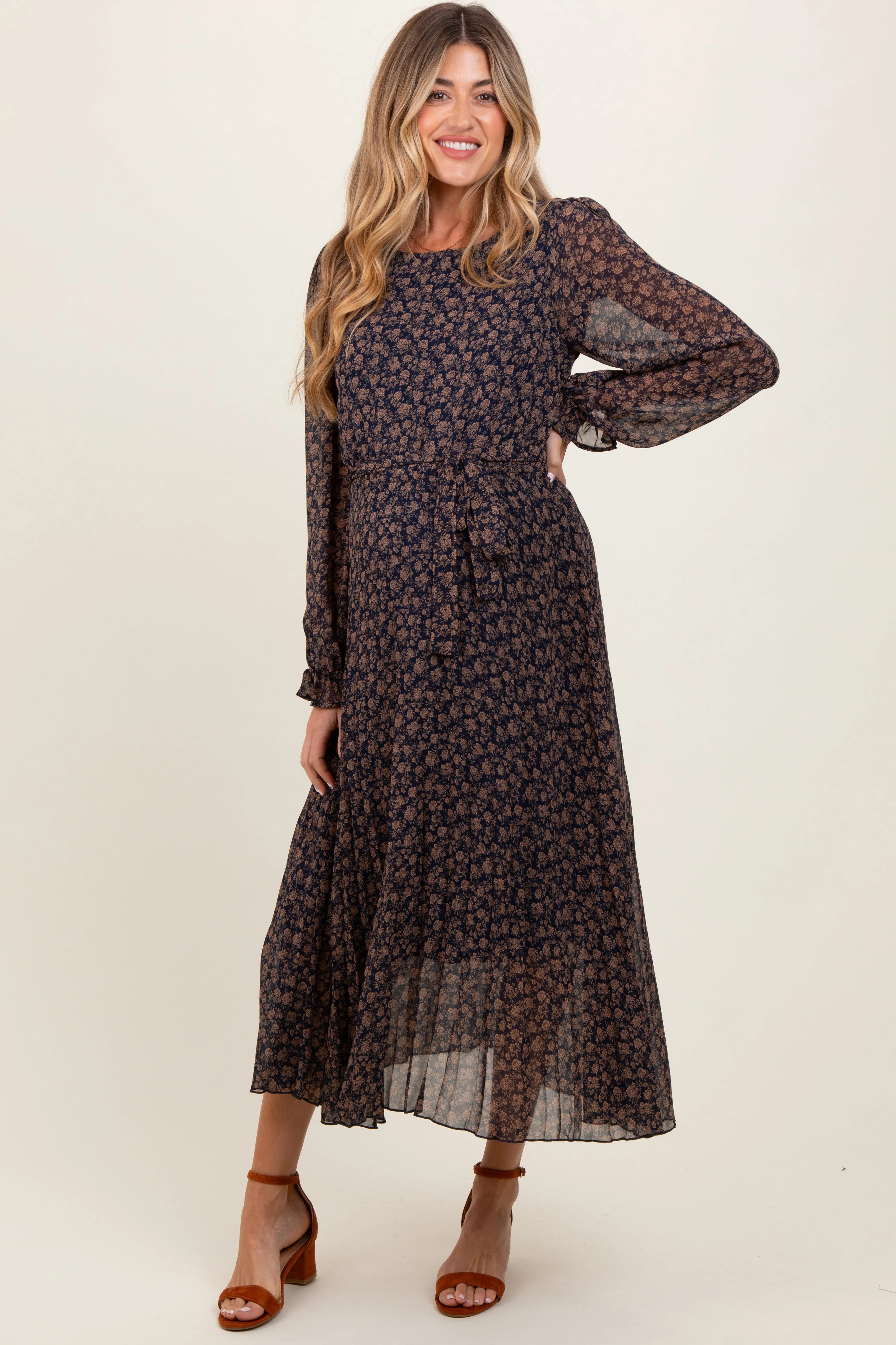 Navy Blue Floral Front Tie Pleated Maternity Midi Dress sold by Pinkblush product image thumbnail 2