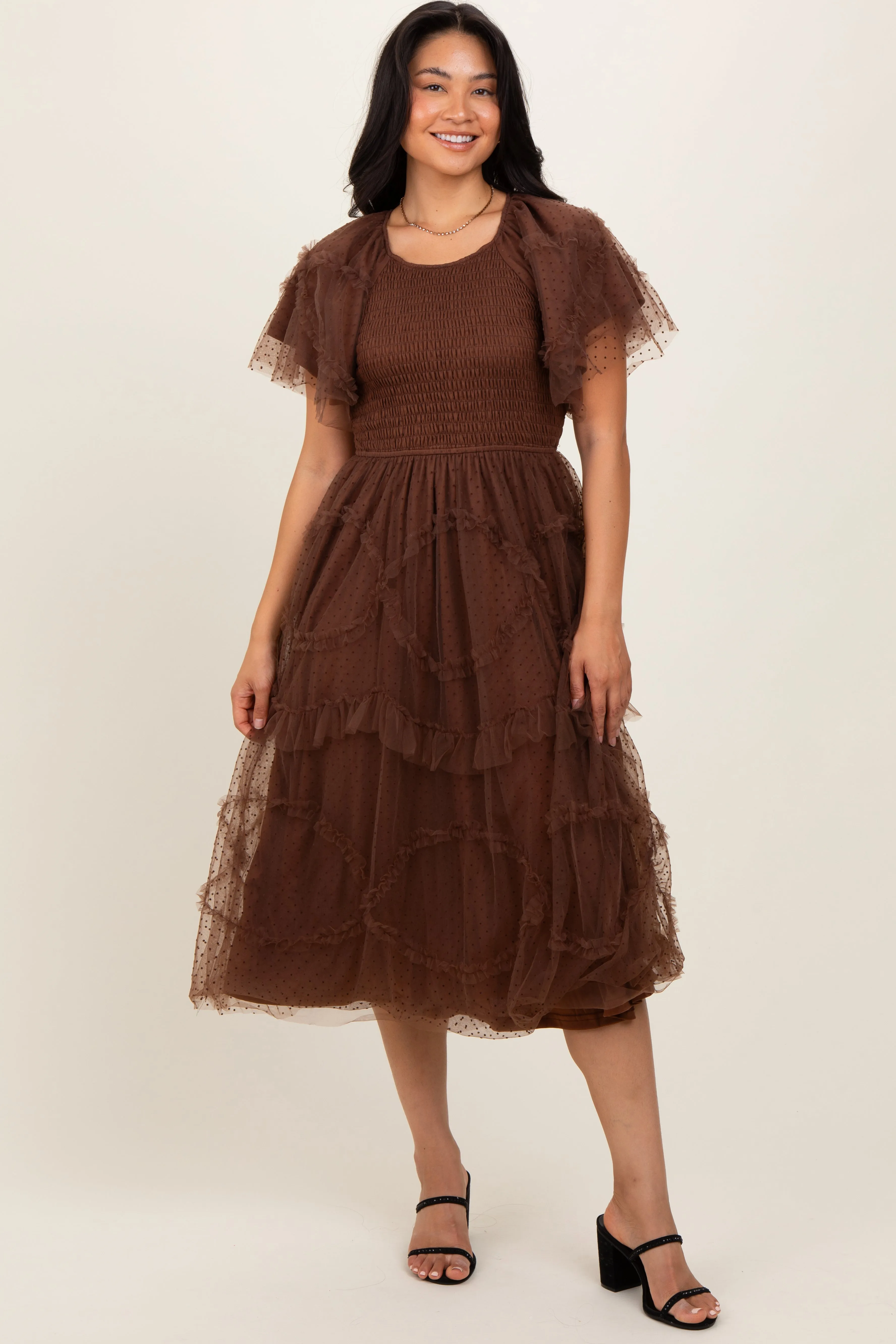 Mocha Smocked Ruffled Mesh Midi Dress sold by Pinkblush product image thumbnail 2