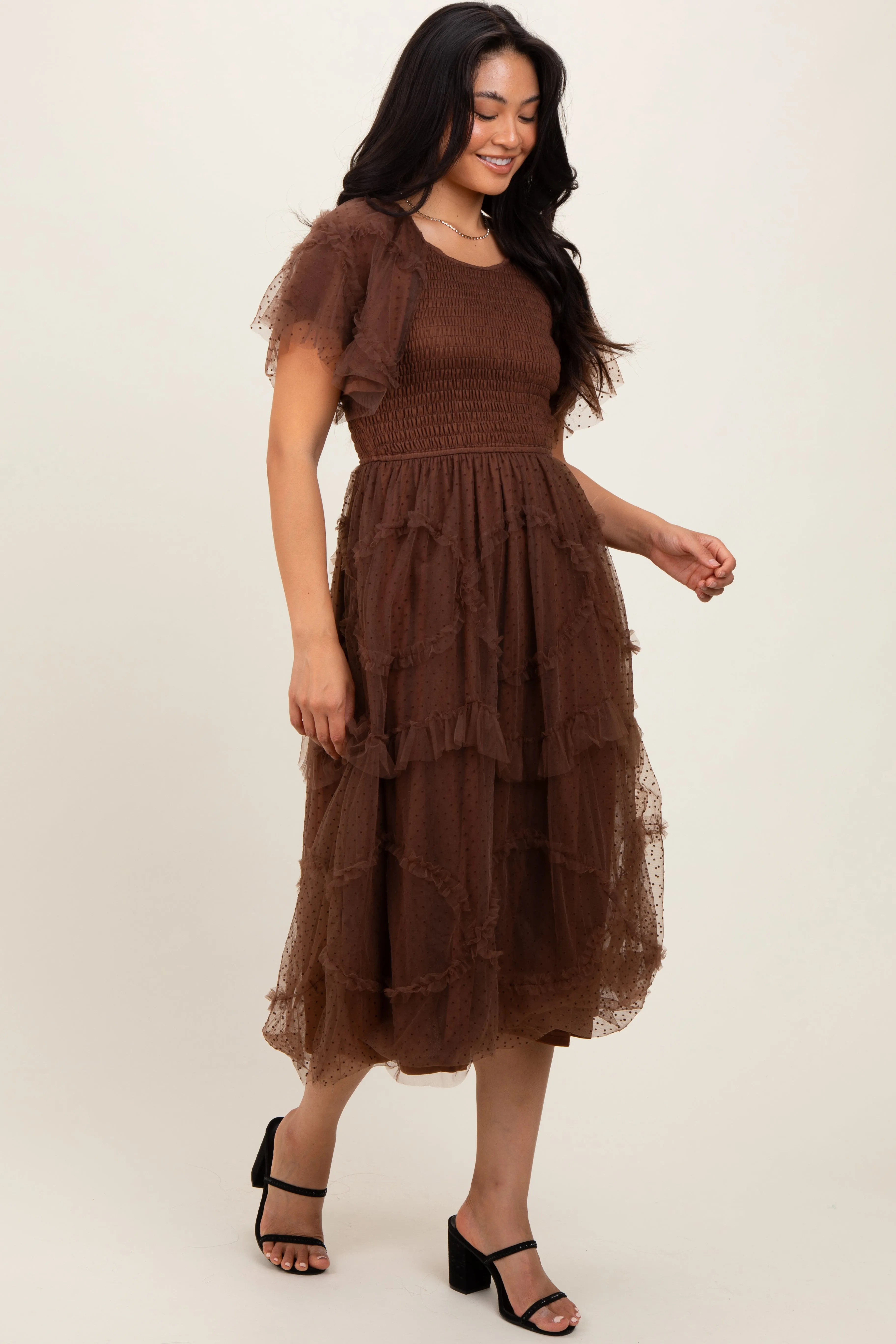 Mocha Smocked Ruffled Mesh Midi Dress sold by Pinkblush product image thumbnail 3