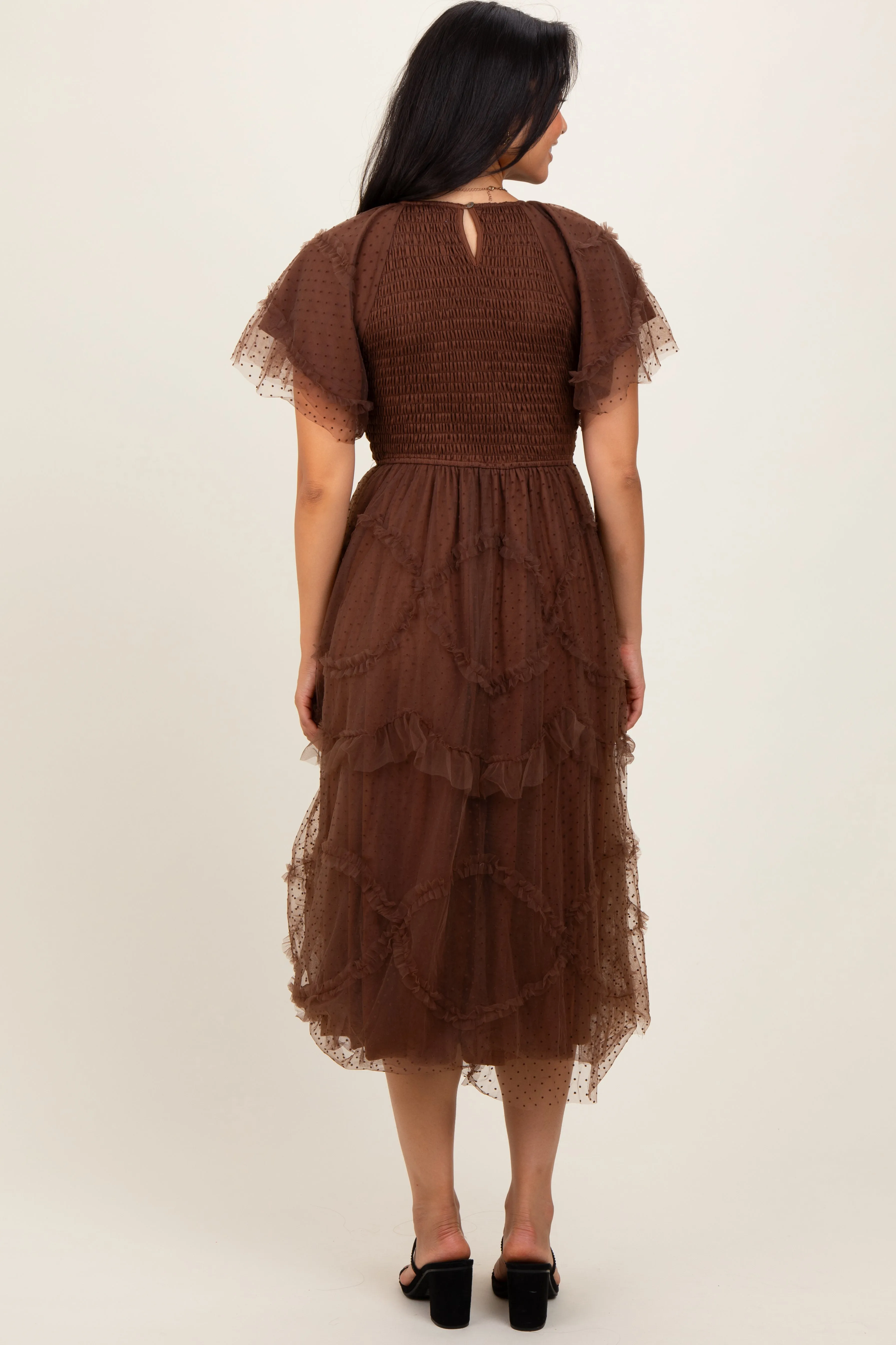 Mocha Smocked Ruffled Mesh Midi Dress sold by Pinkblush product image thumbnail 4