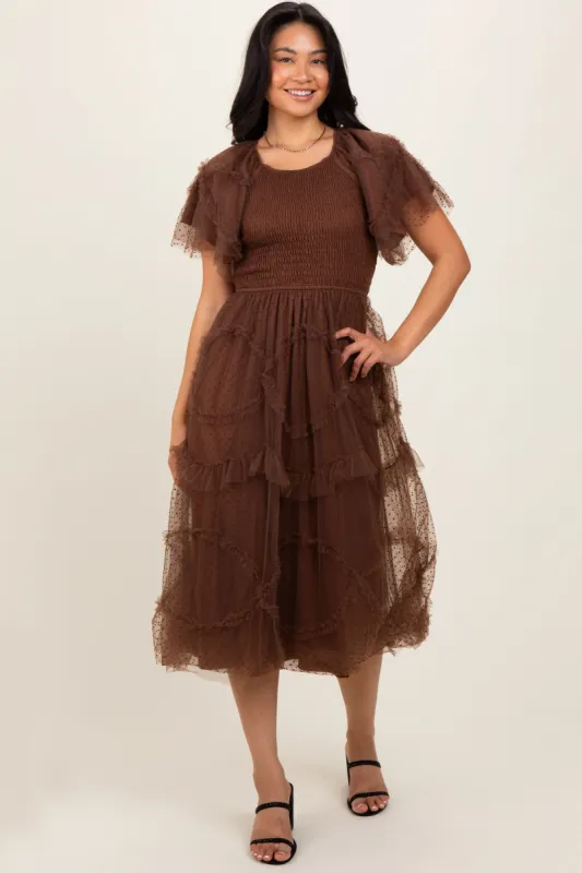 Mocha Smocked Ruffled Mesh Midi Dress sold by Pinkblush
