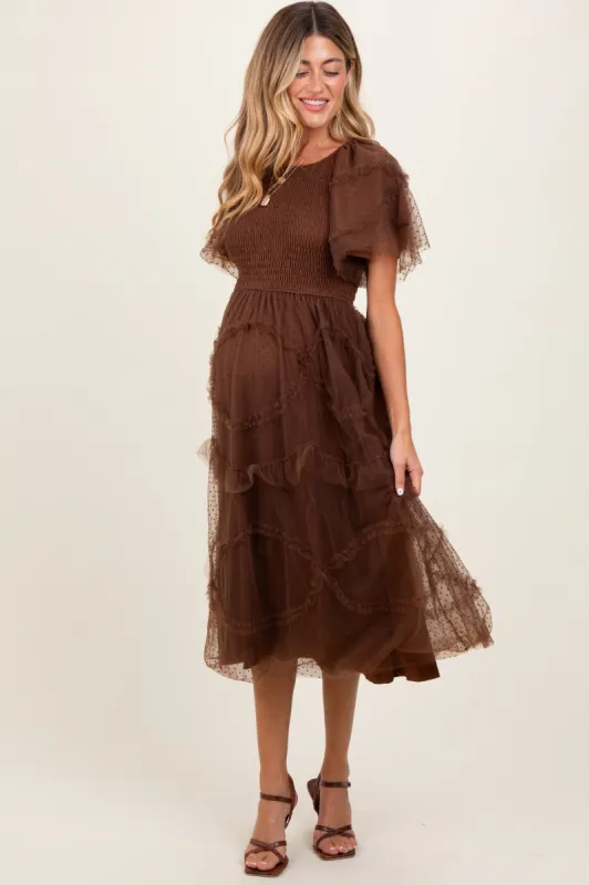 Mocha Smocked Ruffled Mesh Maternity Midi Dress sold by Pinkblush