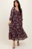 Brown Floral V-Neck Bubble Sleeve Maxi Dress sold by Pinkblush