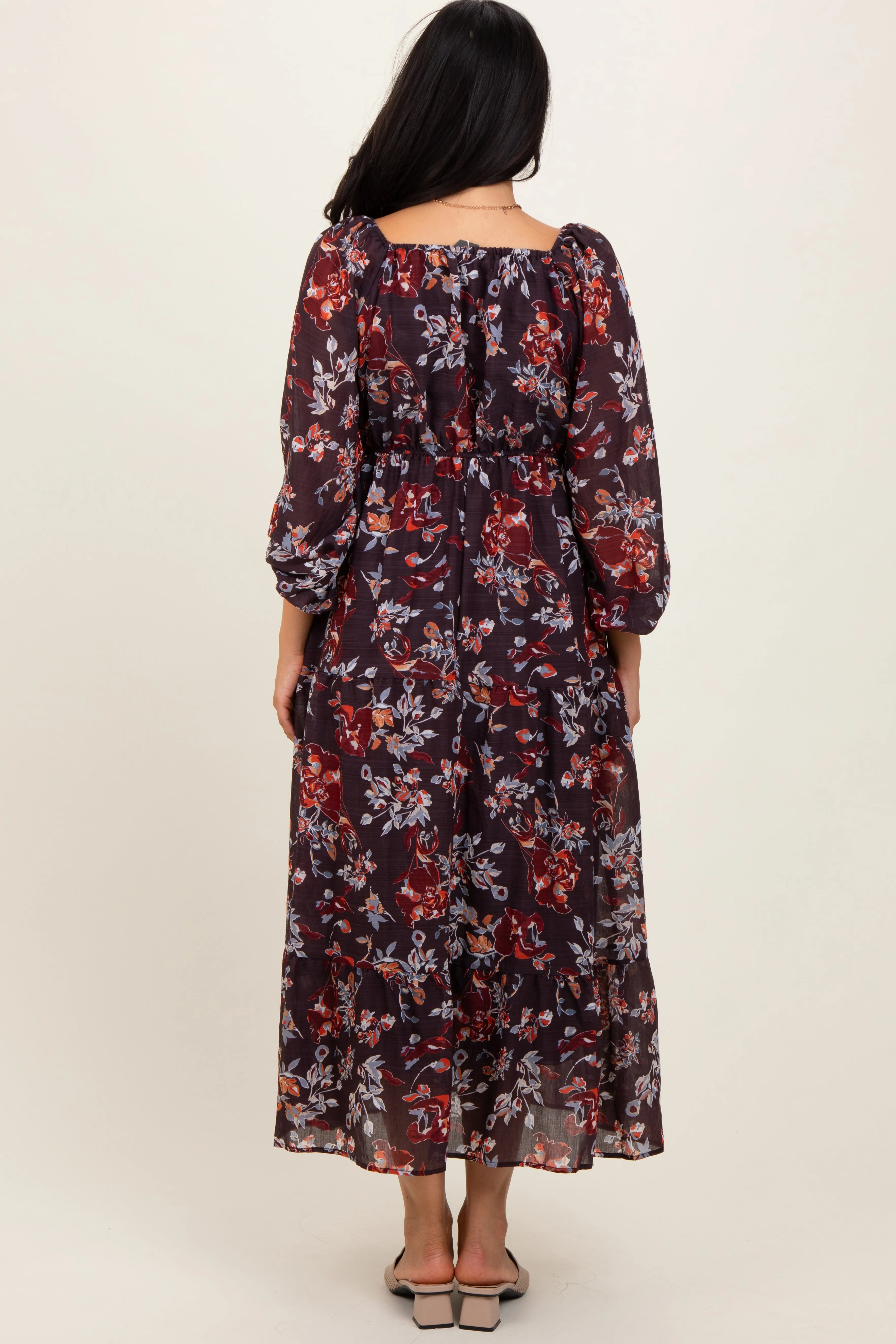 Brown Floral V-Neck Bubble Sleeve Maxi Dress sold by Pinkblush product image thumbnail 4