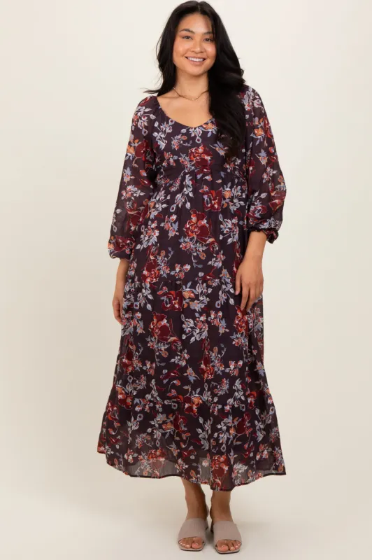 Brown Floral V-Neck Bubble Sleeve Maxi Dress sold by Pinkblush